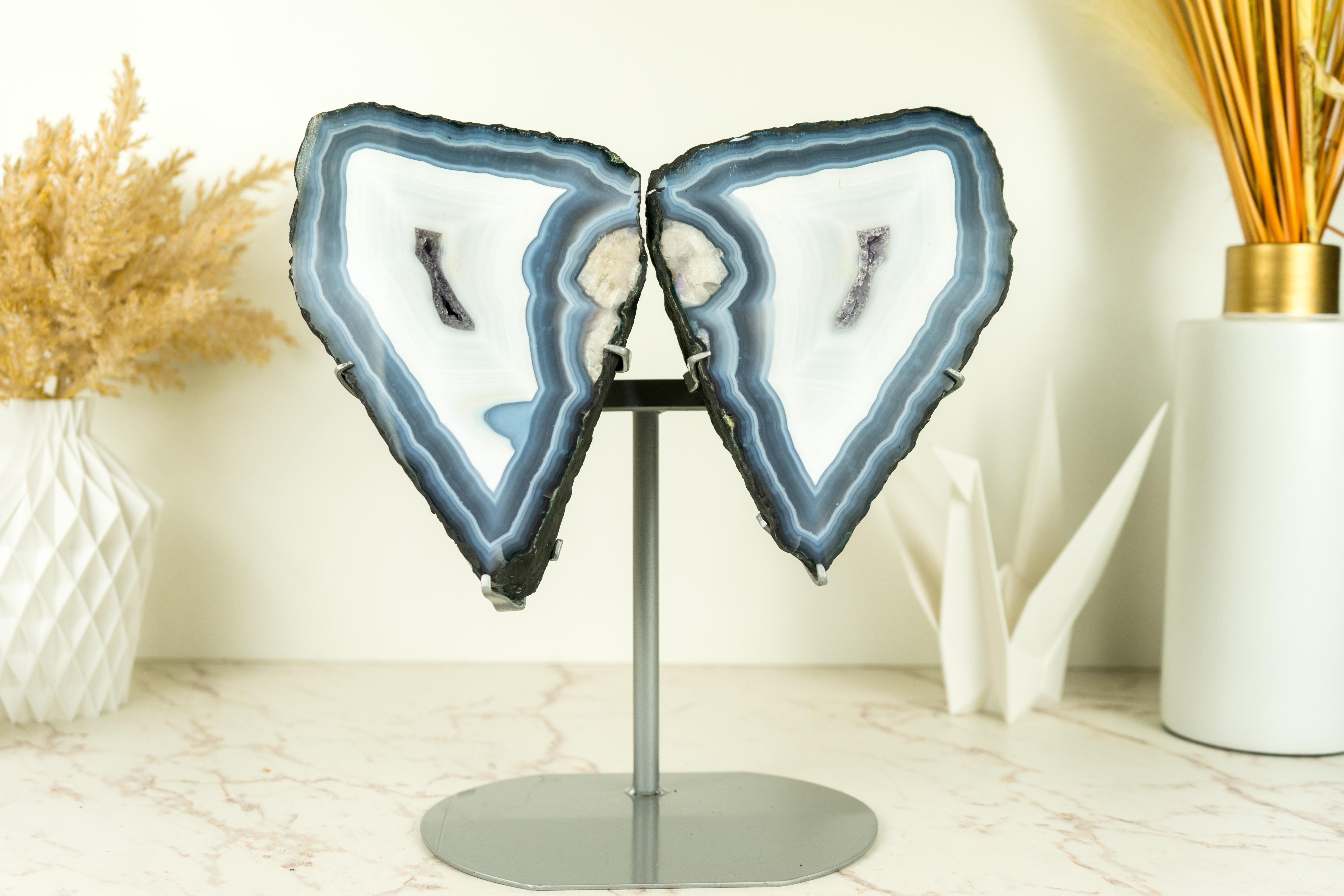 Blue Lace Agate Butterfly Geode Wings with AAA Agate and Amethyst Druzy For Sale 7