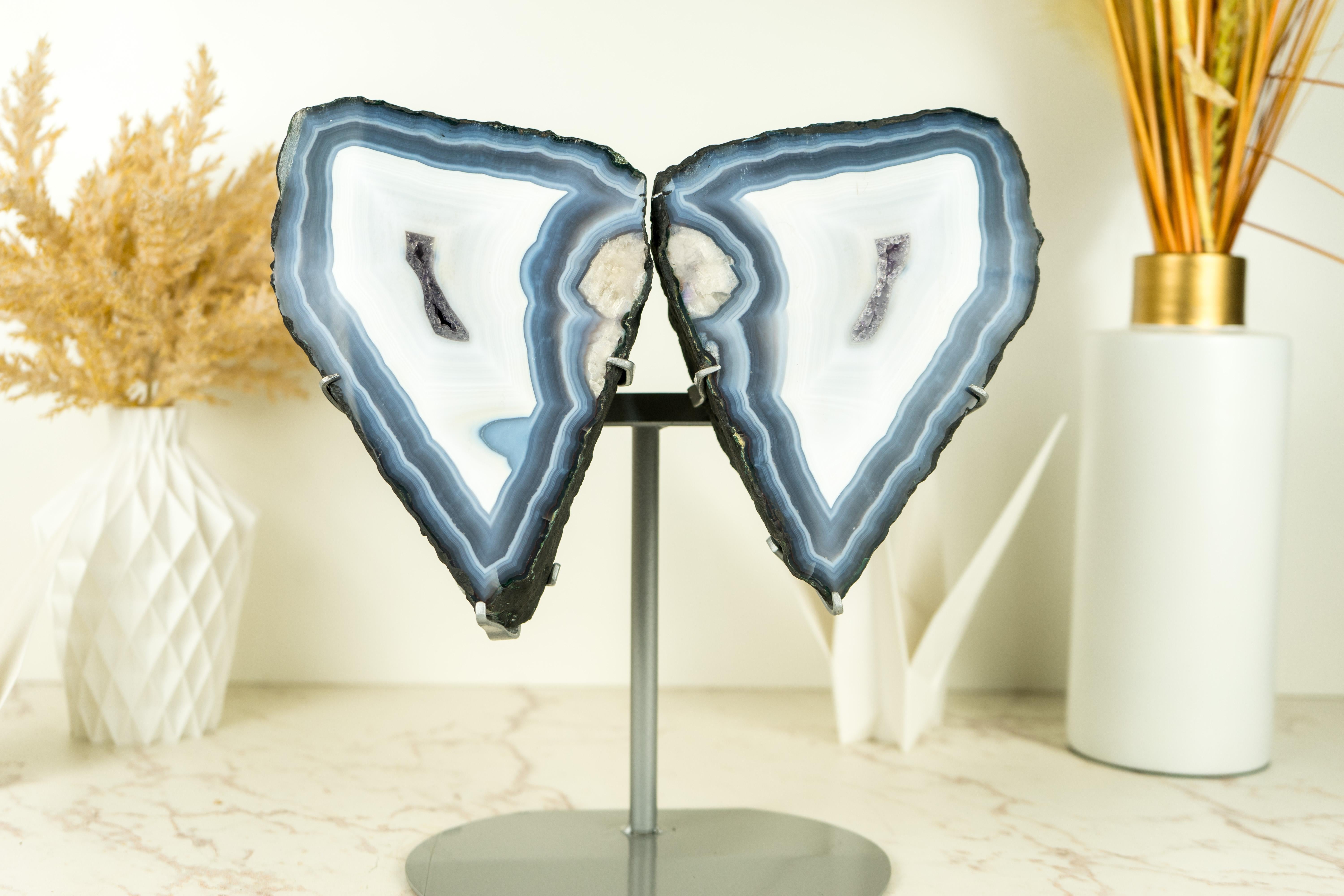 Blue Lace Agate Butterfly Geode Wings with AAA Agate and Amethyst Druzy For Sale 8