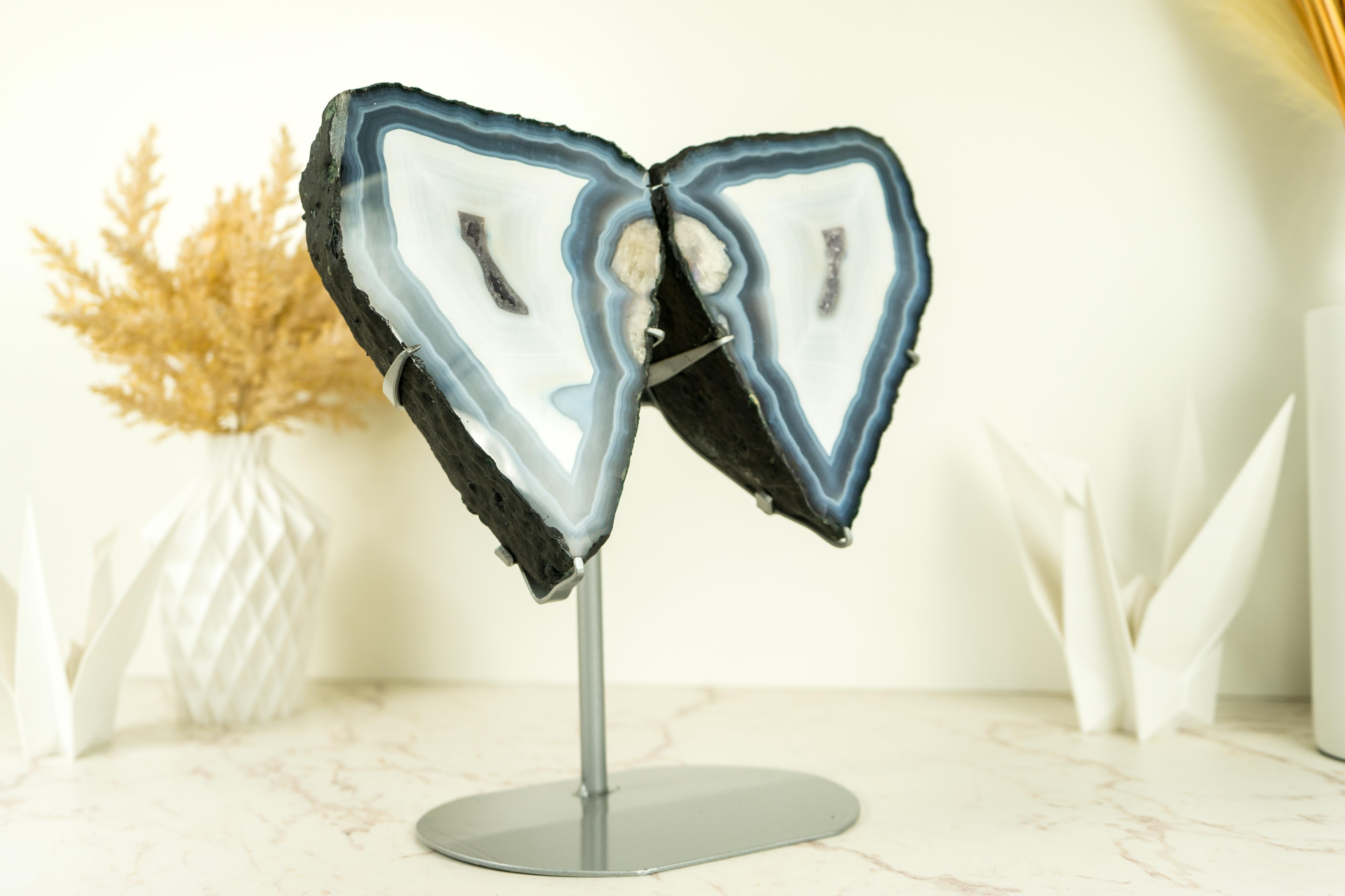 Contemporary Blue Lace Agate Butterfly Geode Wings with AAA Agate and Amethyst Druzy For Sale