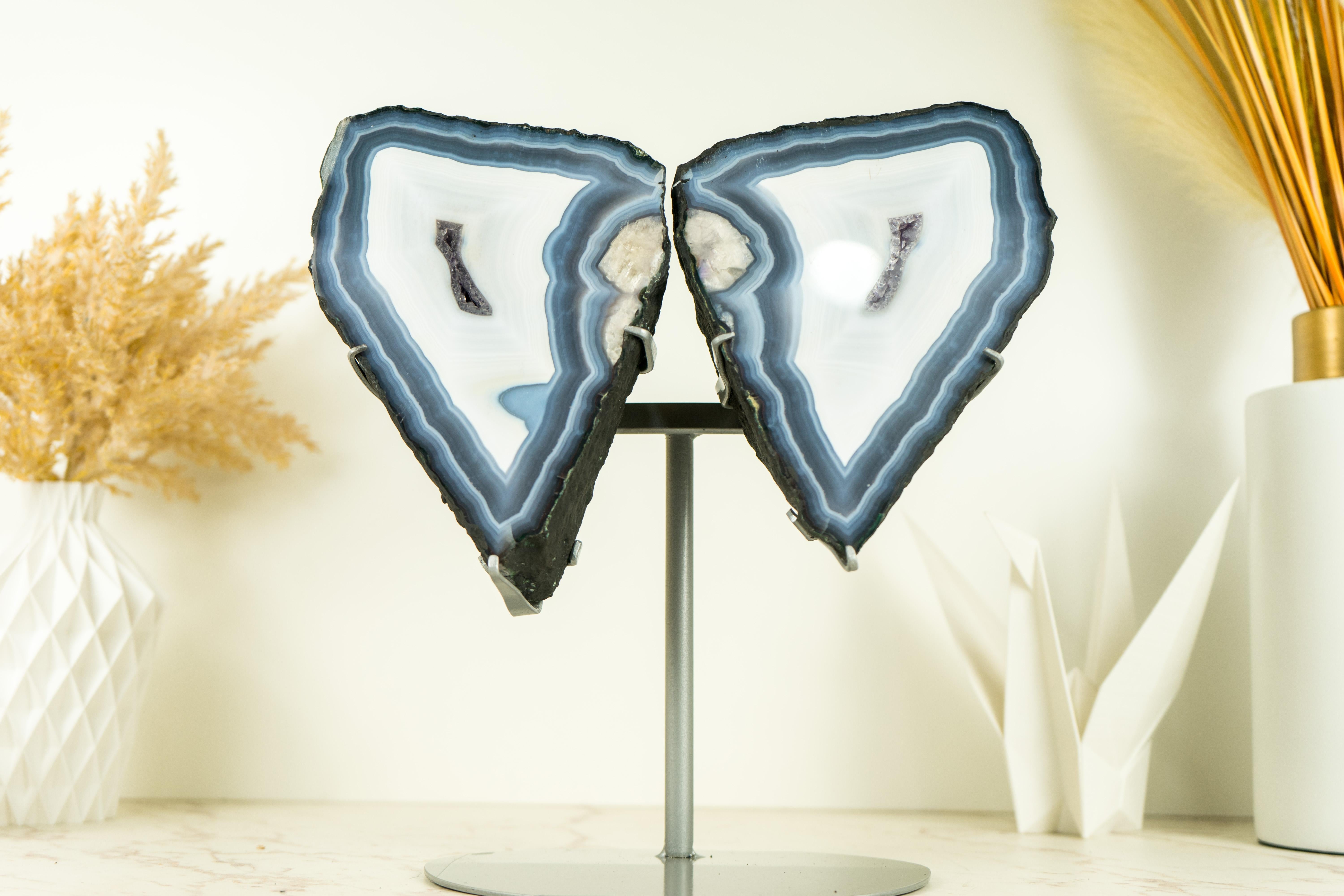 Blue Lace Agate Butterfly Geode Wings with AAA Agate and Amethyst Druzy For Sale 1