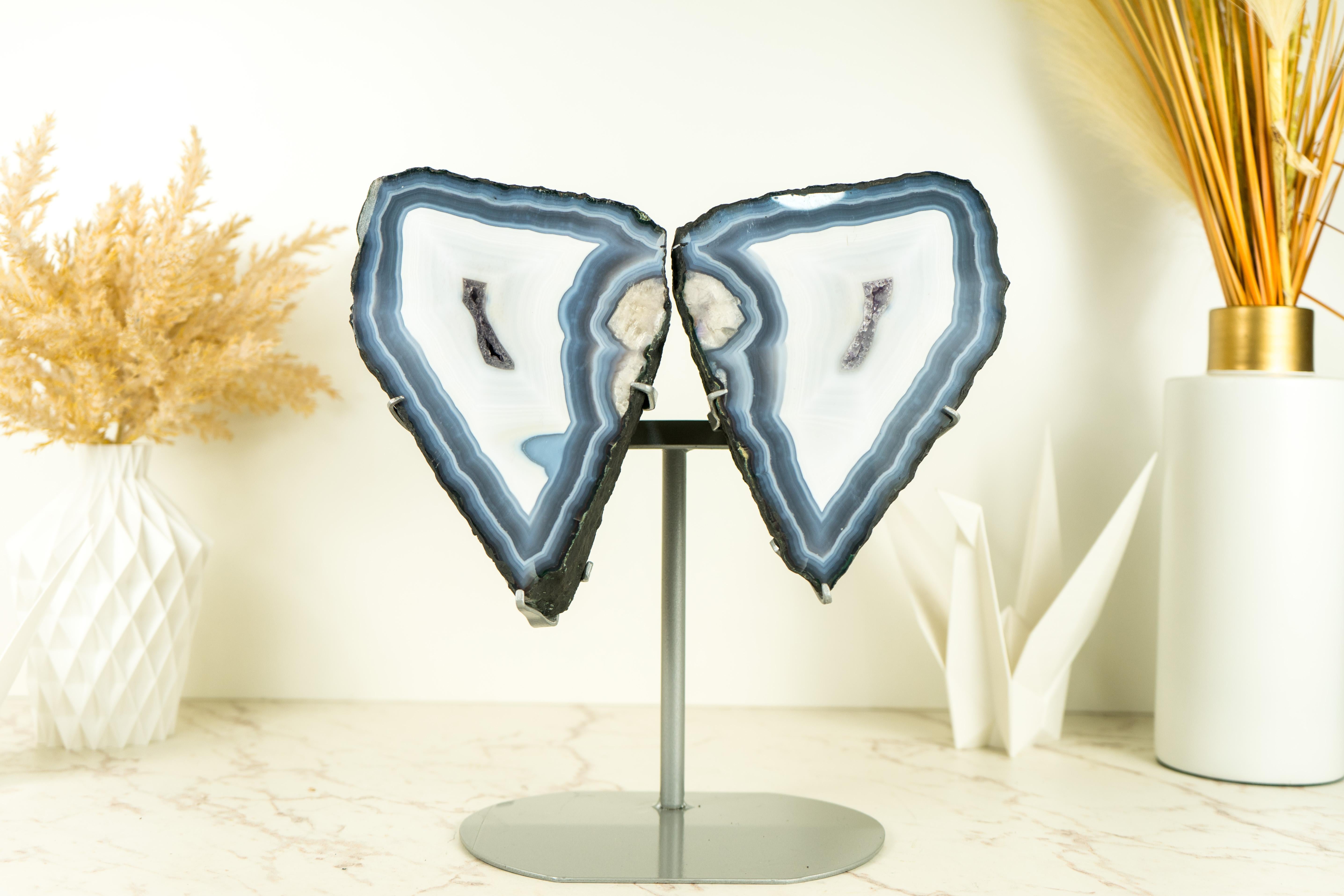Blue Lace Agate Butterfly Geode Wings with AAA Agate and Amethyst Druzy For Sale 2