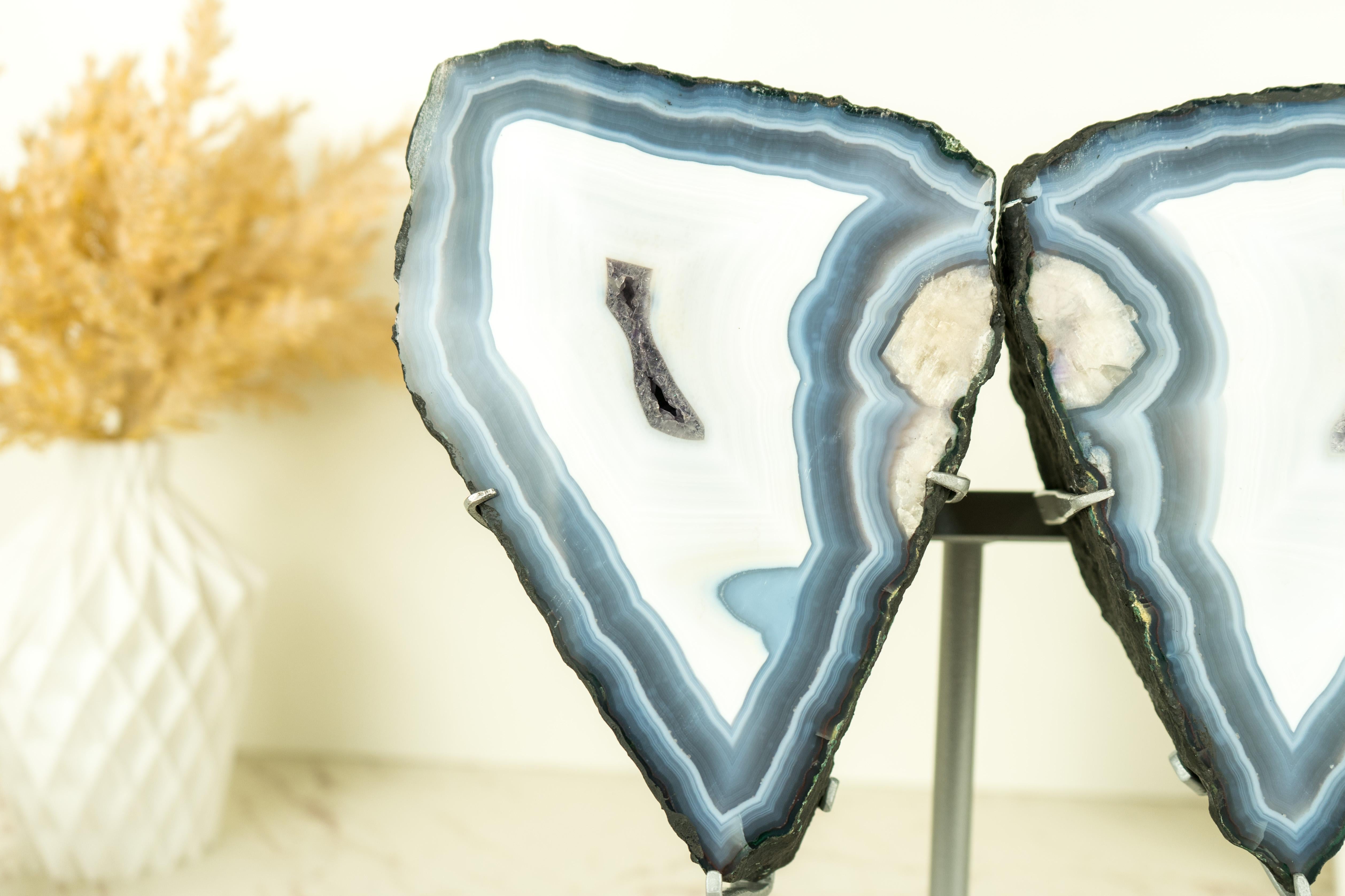 Blue Lace Agate Butterfly Geode Wings with AAA Agate and Amethyst Druzy For Sale 3