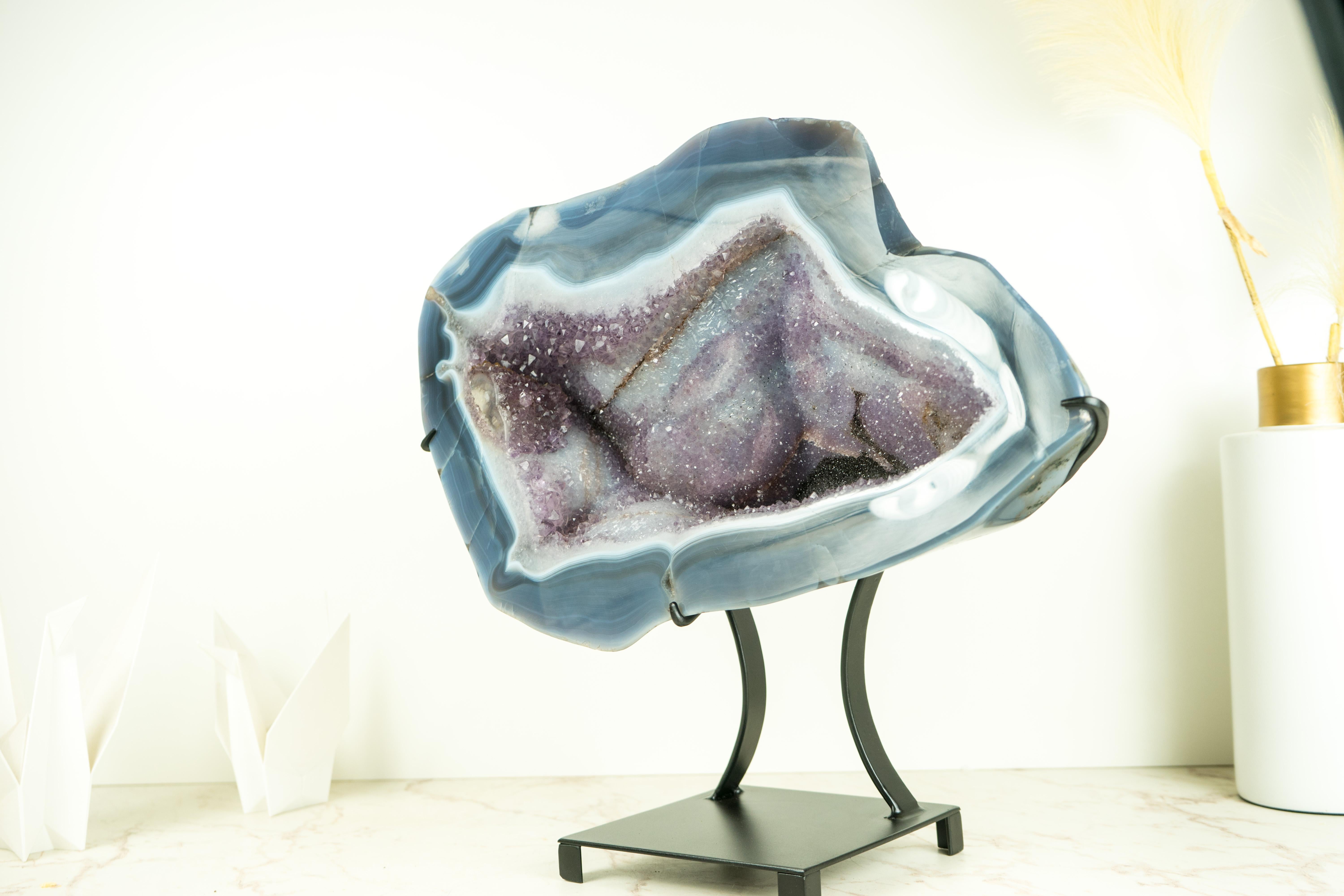 Blue Lace Agate Geode with a Swan Drawing on Sparkly Druzy, A Natural Painting For Sale 6