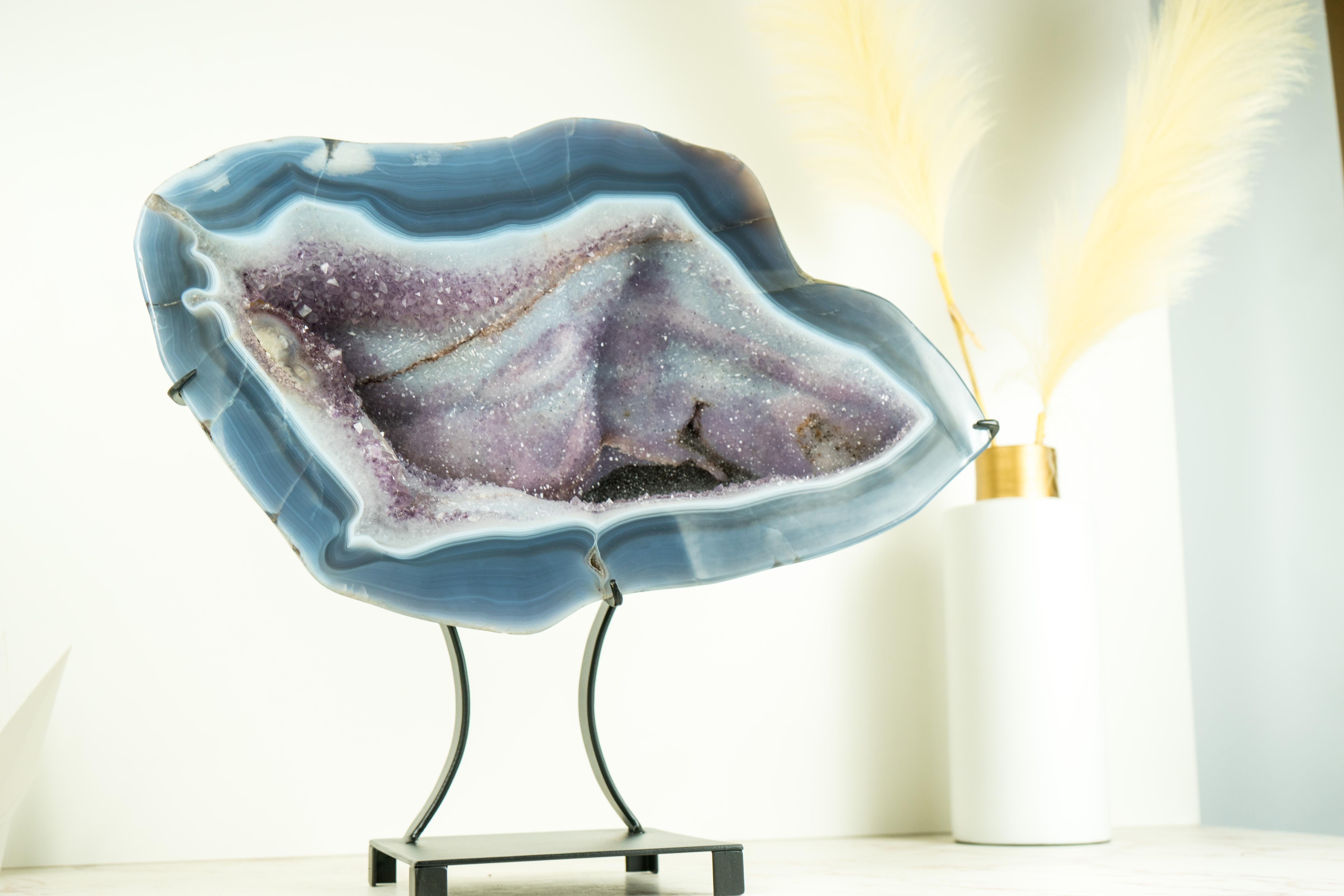 Blue Lace Agate Geode with a Swan Drawing on Sparkly Druzy, A Natural Painting For Sale 7