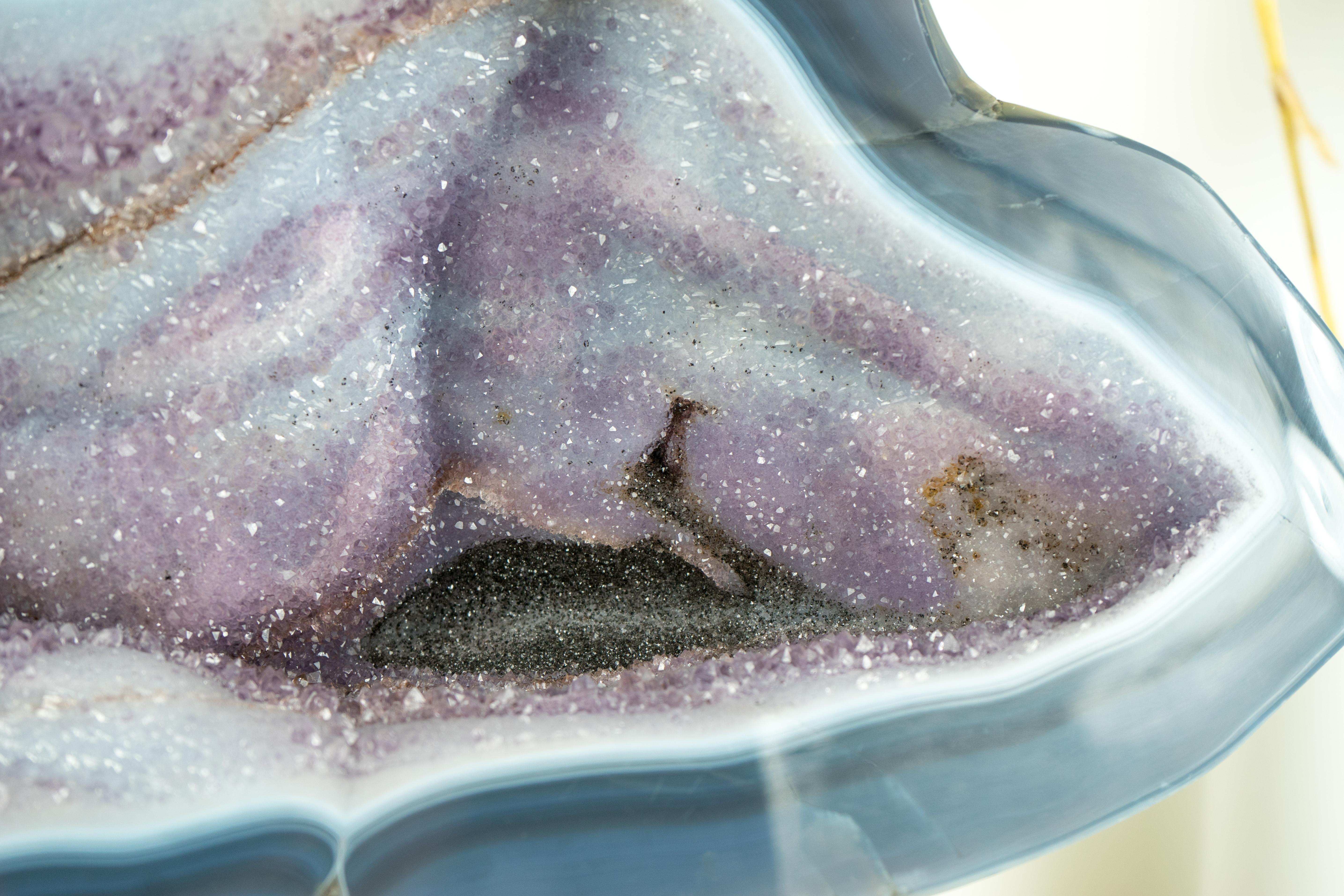 Blue Lace Agate Geode with a Swan Drawing on Sparkly Druzy, A Natural Painting For Sale 8