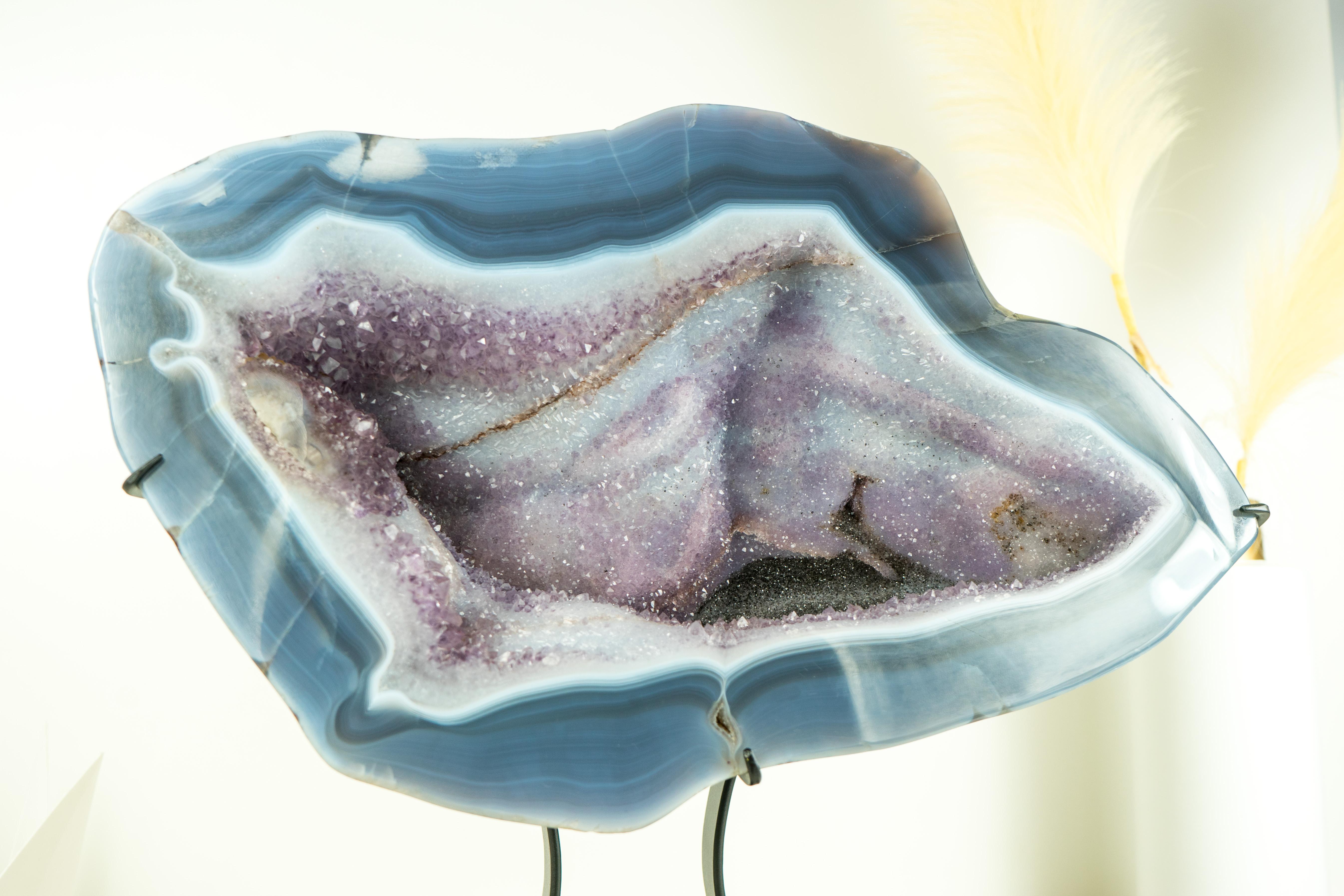 Brazilian Blue Lace Agate Geode with a Swan Drawing on Sparkly Druzy, A Natural Painting For Sale