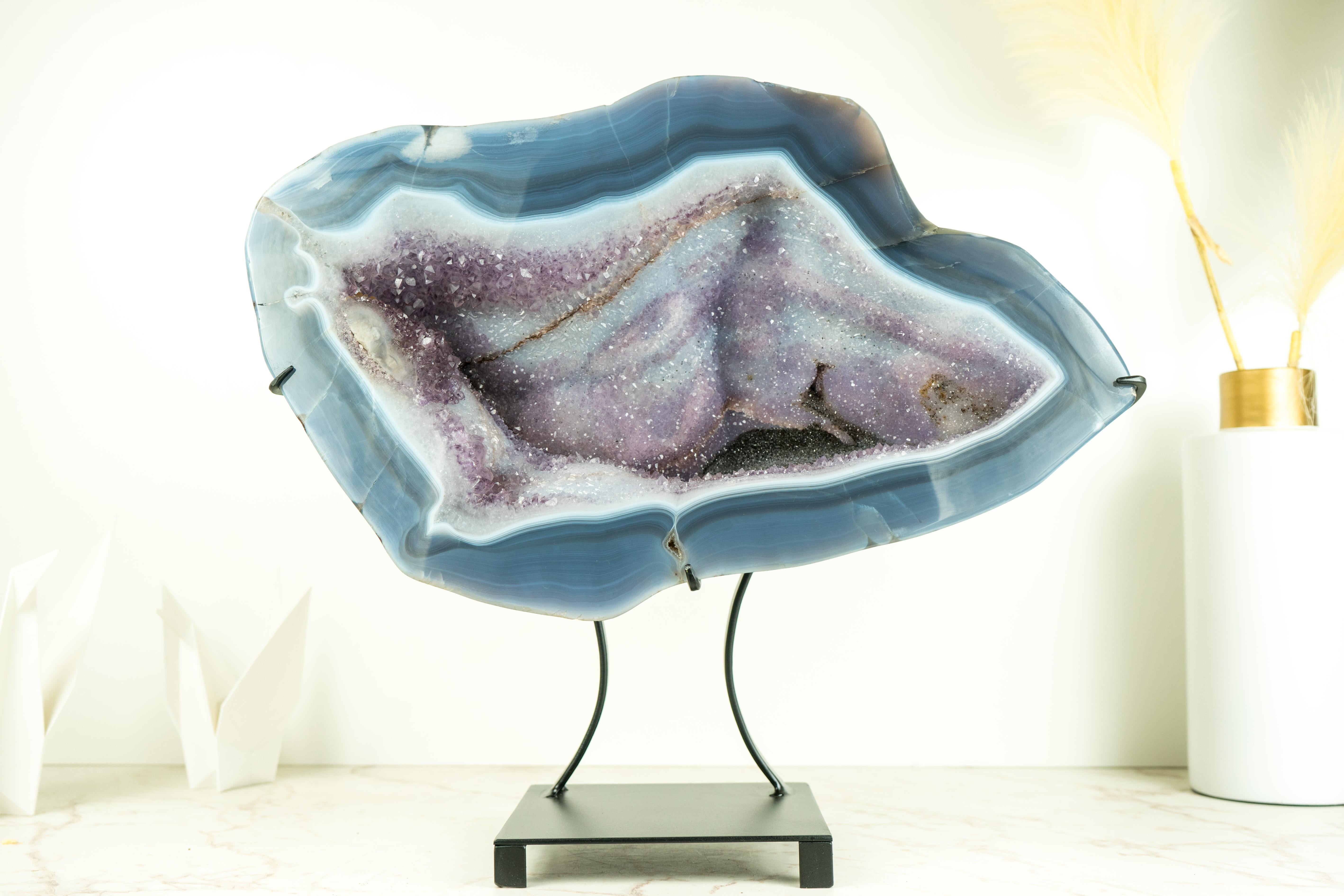 Contemporary Blue Lace Agate Geode with a Swan Drawing on Sparkly Druzy, A Natural Painting For Sale