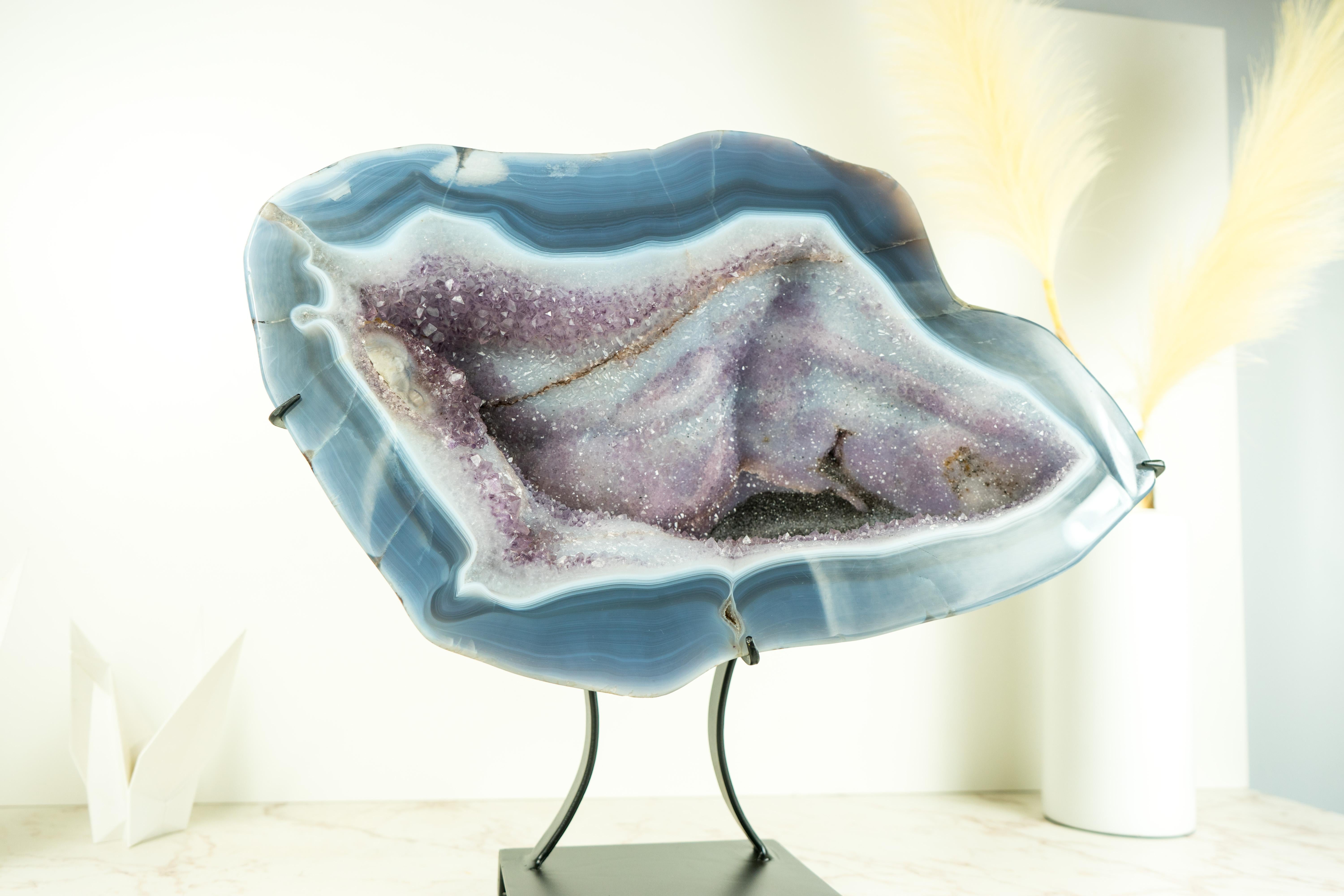 Crystal Blue Lace Agate Geode with a Swan Drawing on Sparkly Druzy, A Natural Painting For Sale