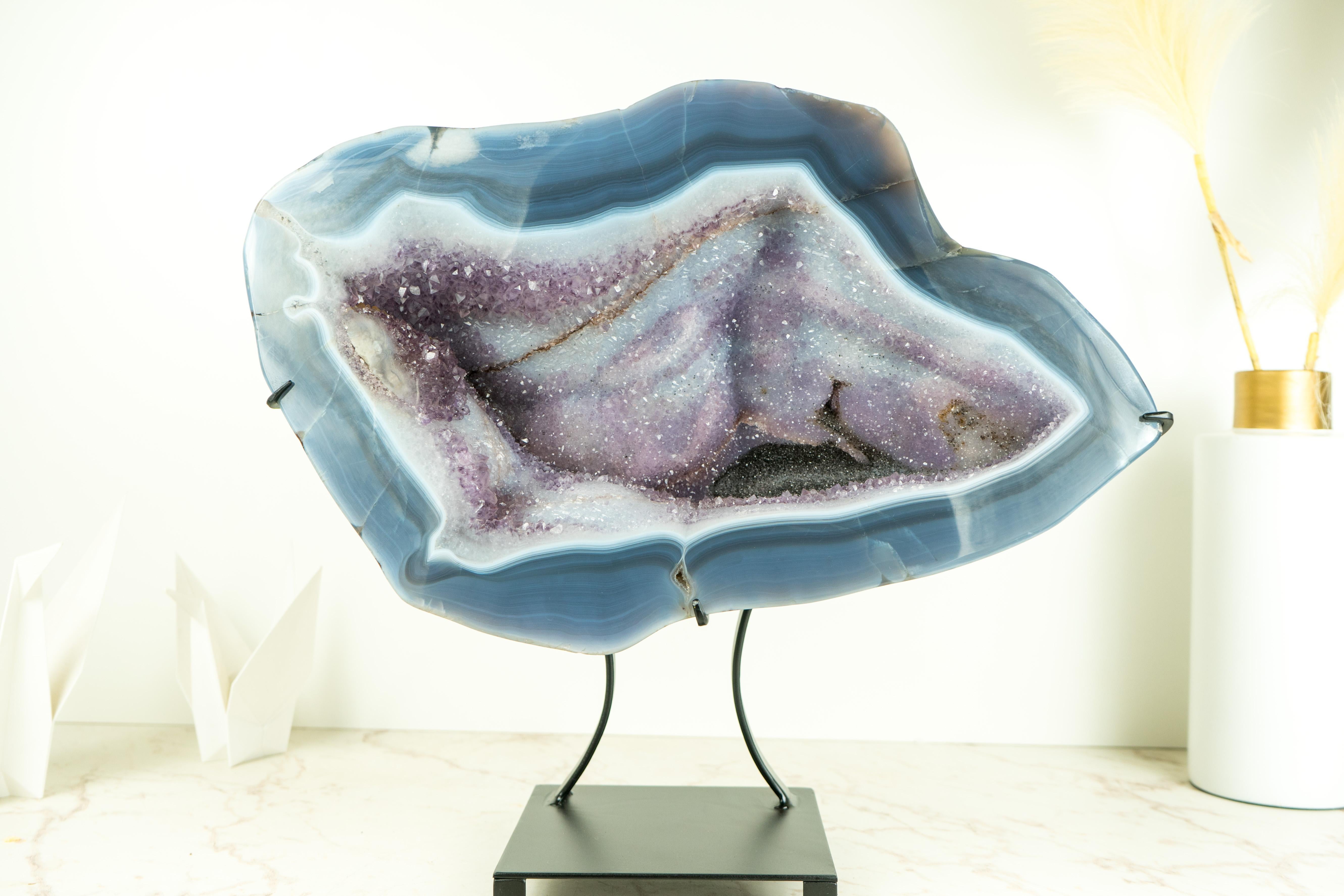 Blue Lace Agate Geode with a Swan Drawing on Sparkly Druzy, A Natural Painting For Sale 1