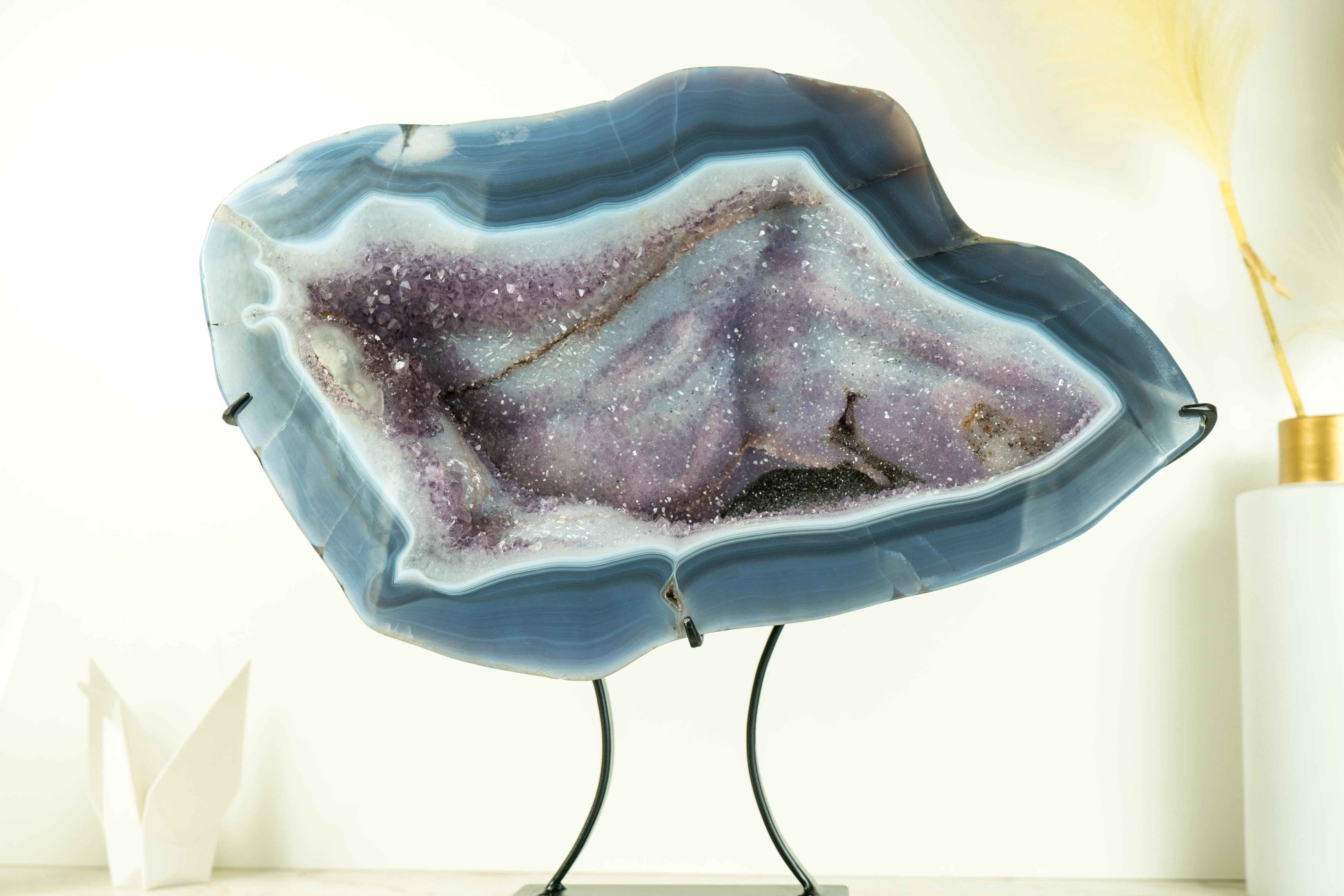 Blue Lace Agate Geode with a Swan Drawing on Sparkly Druzy, A Natural Painting For Sale 2