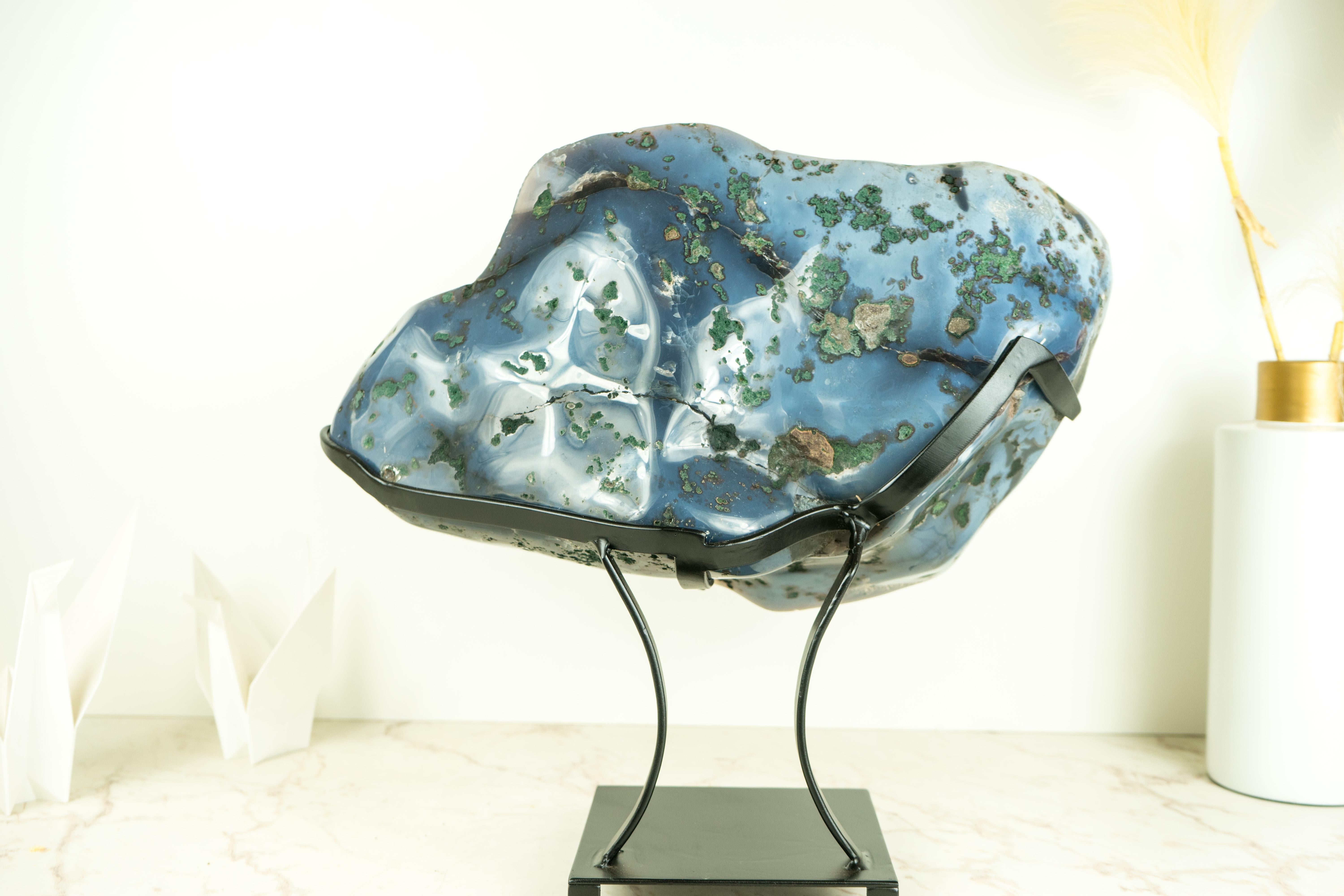 Blue Lace Agate Geode with a Swan Drawing on Sparkly Druzy, A Natural Painting For Sale 3