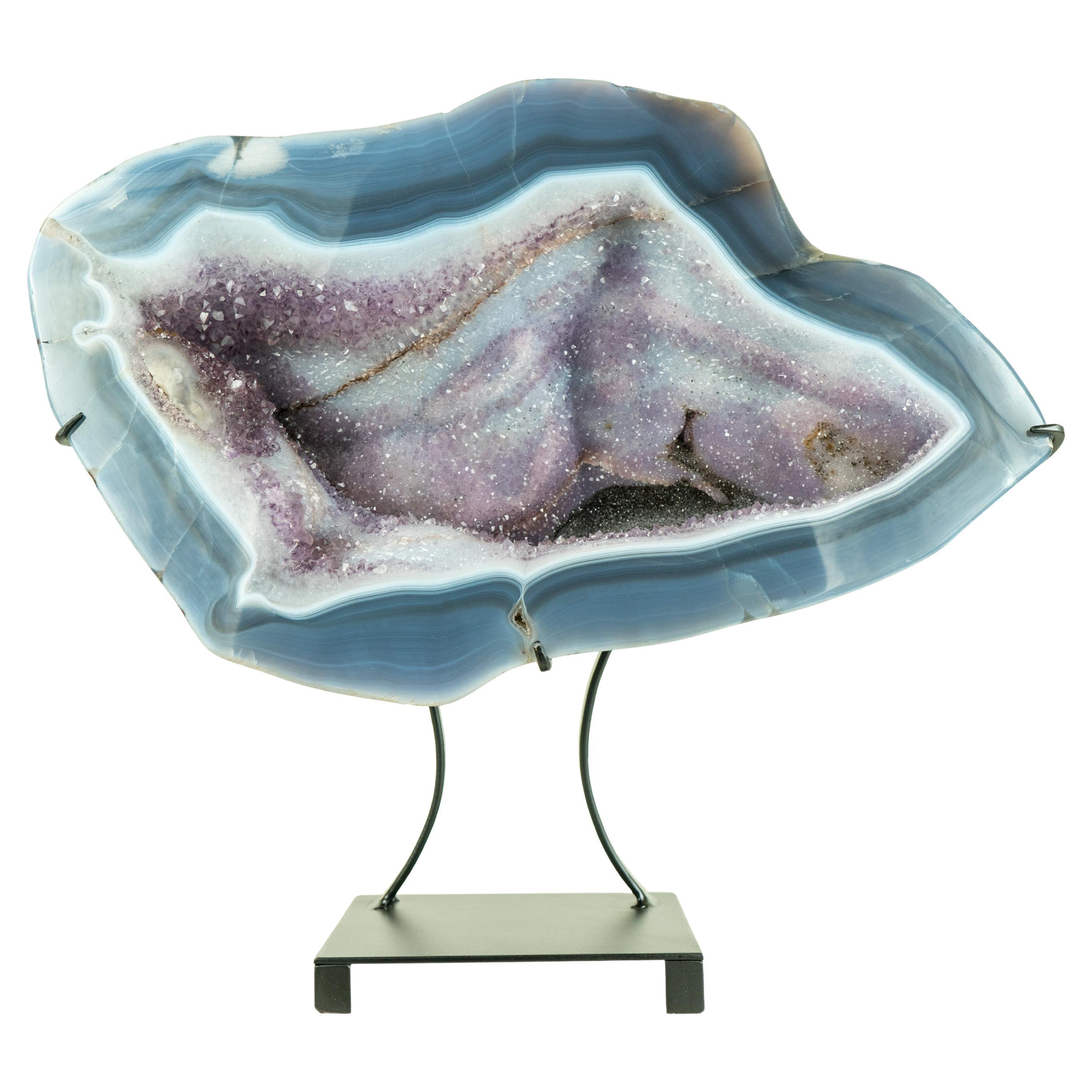Blue Lace Agate Geode with a Swan Drawing on Sparkly Druzy, A Natural Painting For Sale