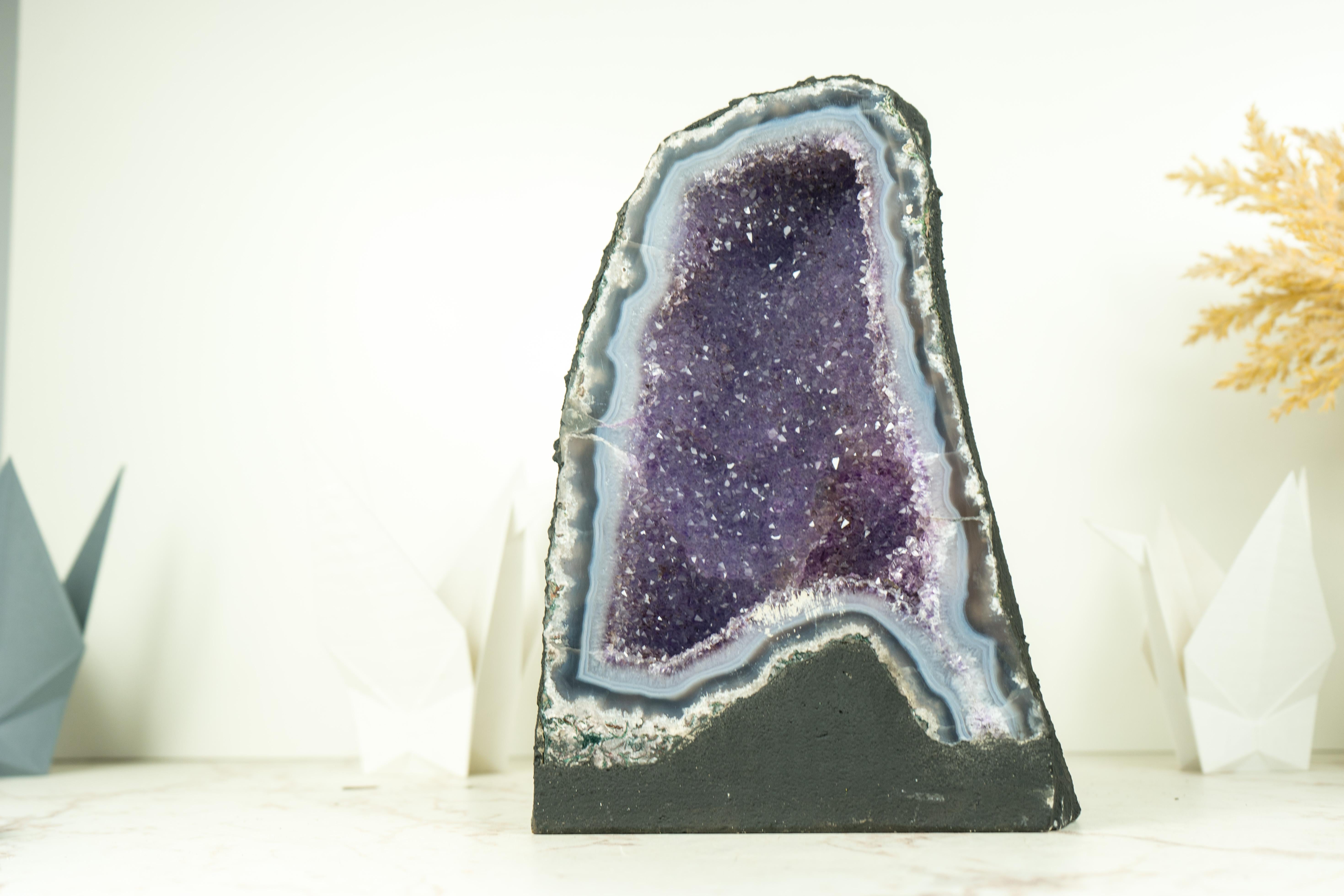 Brazilian Blue Lace Agate Geode with Galaxy Amethyst Druzy For Sale