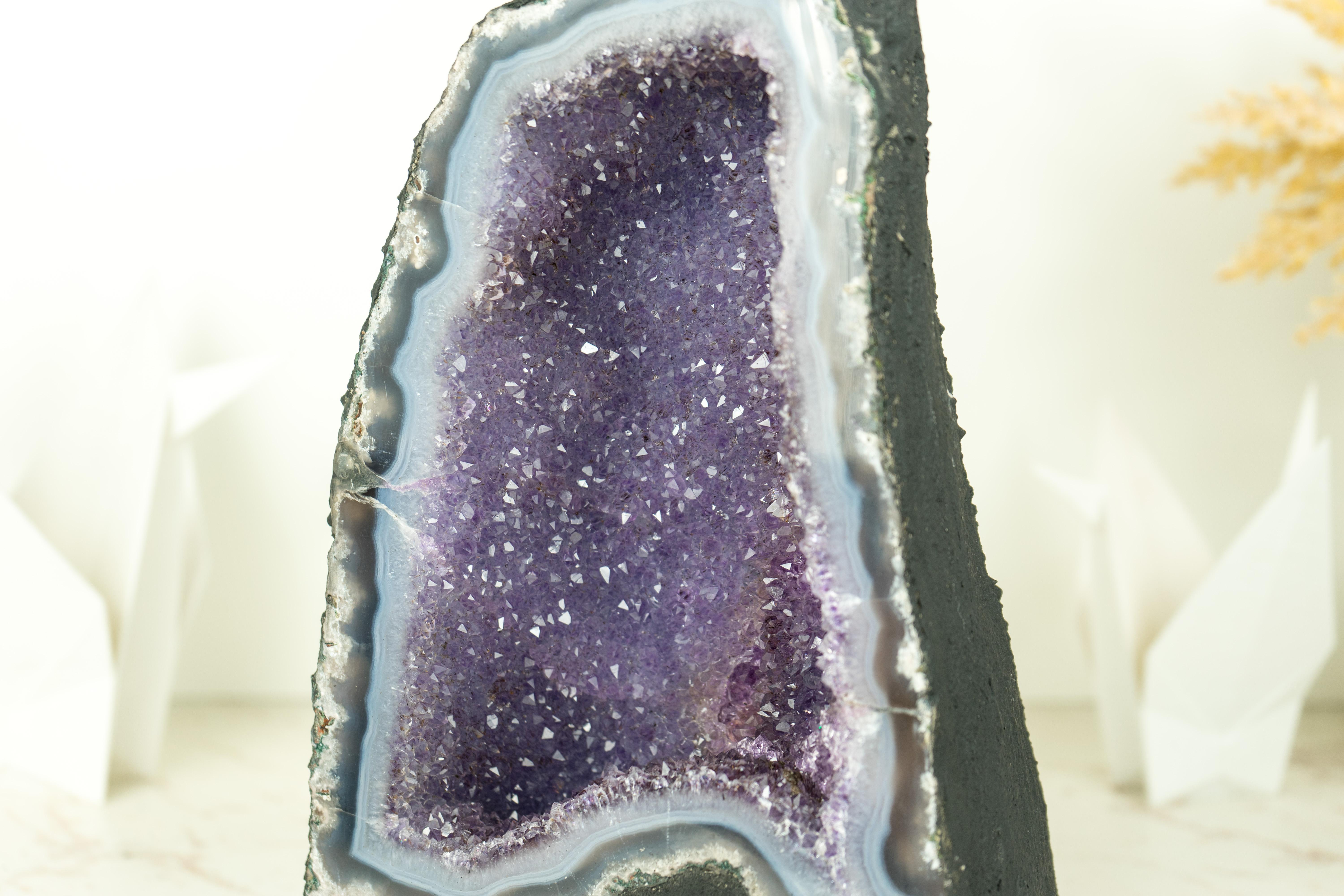 Contemporary Blue Lace Agate Geode with Galaxy Amethyst Druzy For Sale