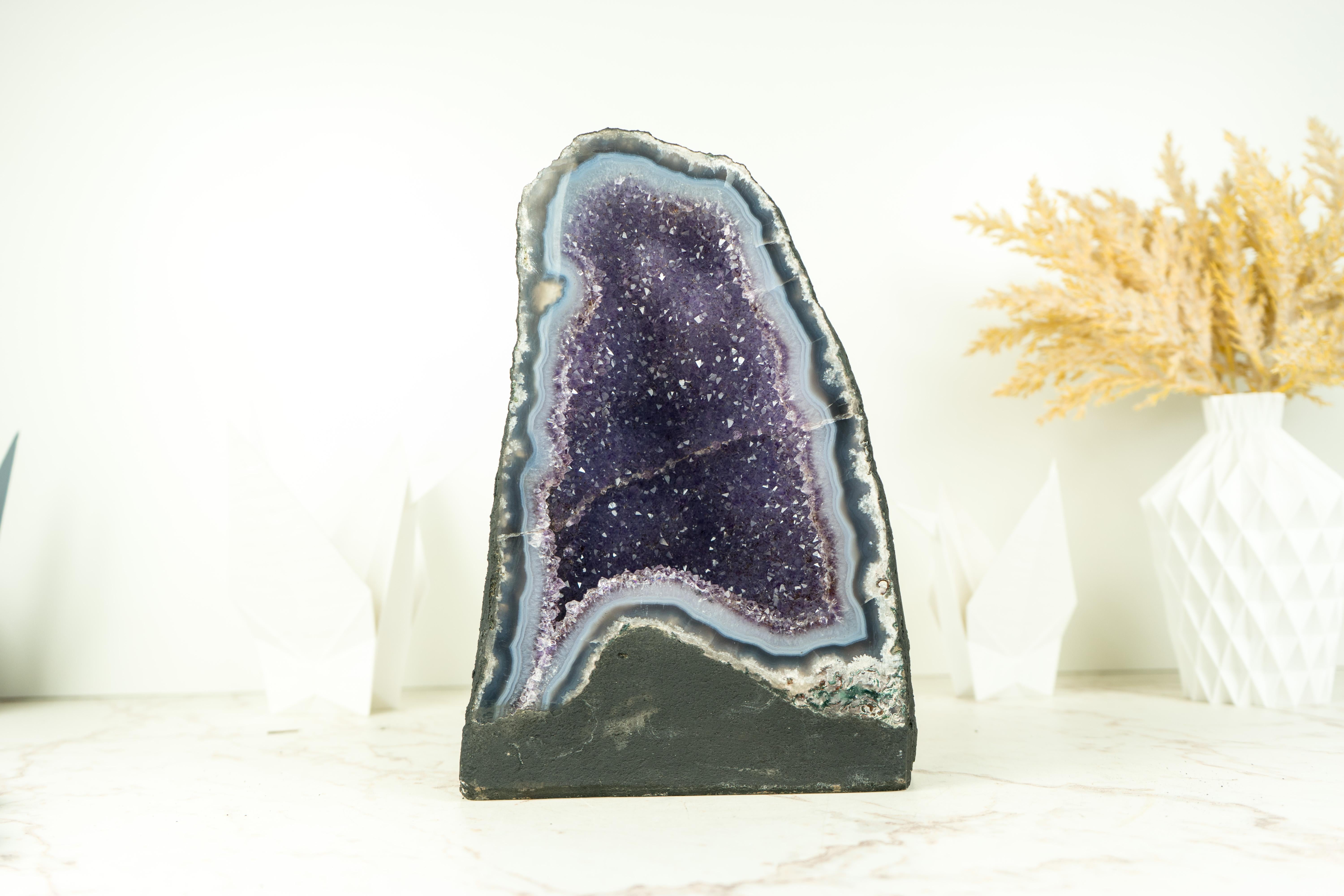 Brazilian Blue Lace Agate Geode with Galaxy Lavender Amethyst Druzy For Sale