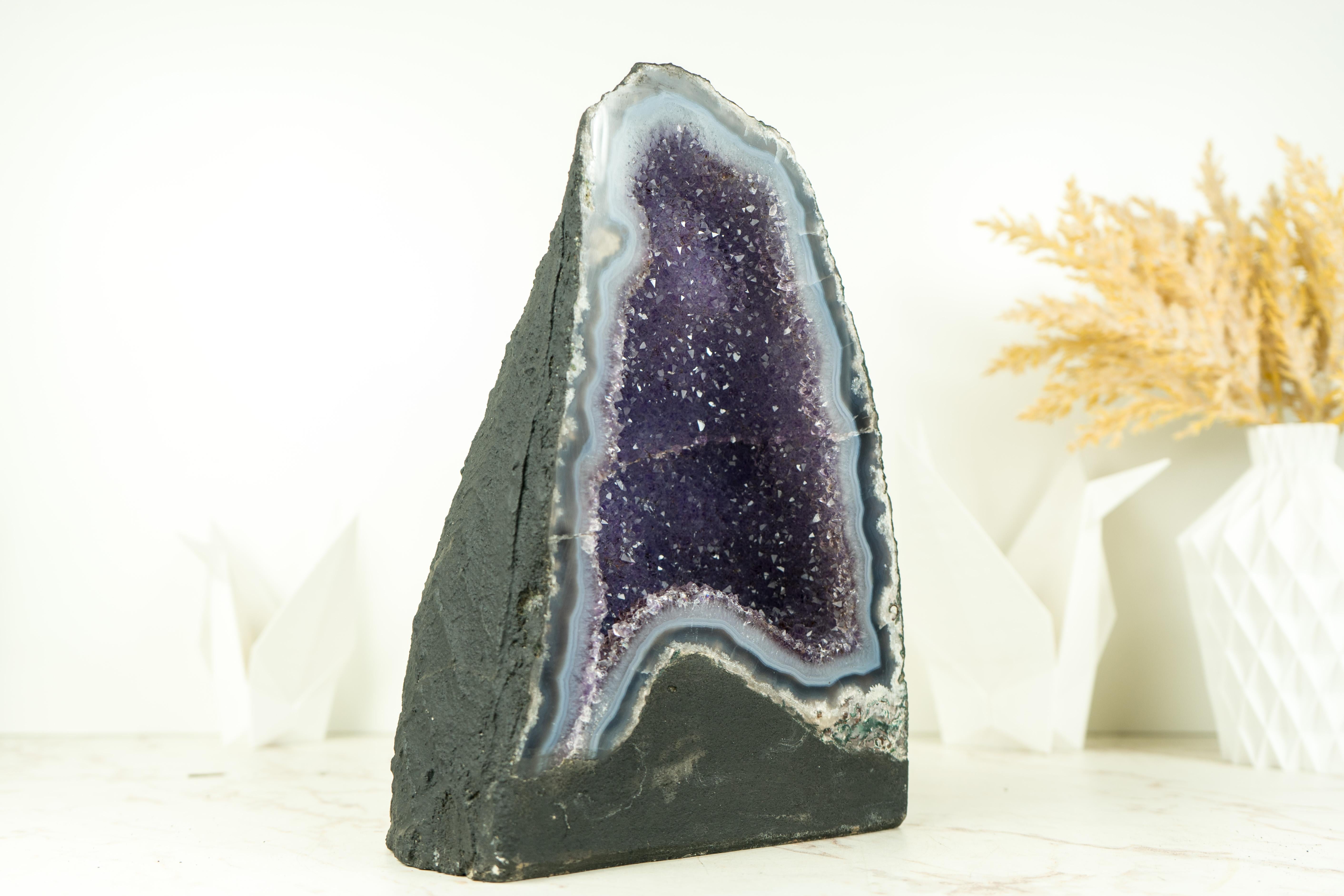 Contemporary Blue Lace Agate Geode with Galaxy Lavender Amethyst Druzy For Sale