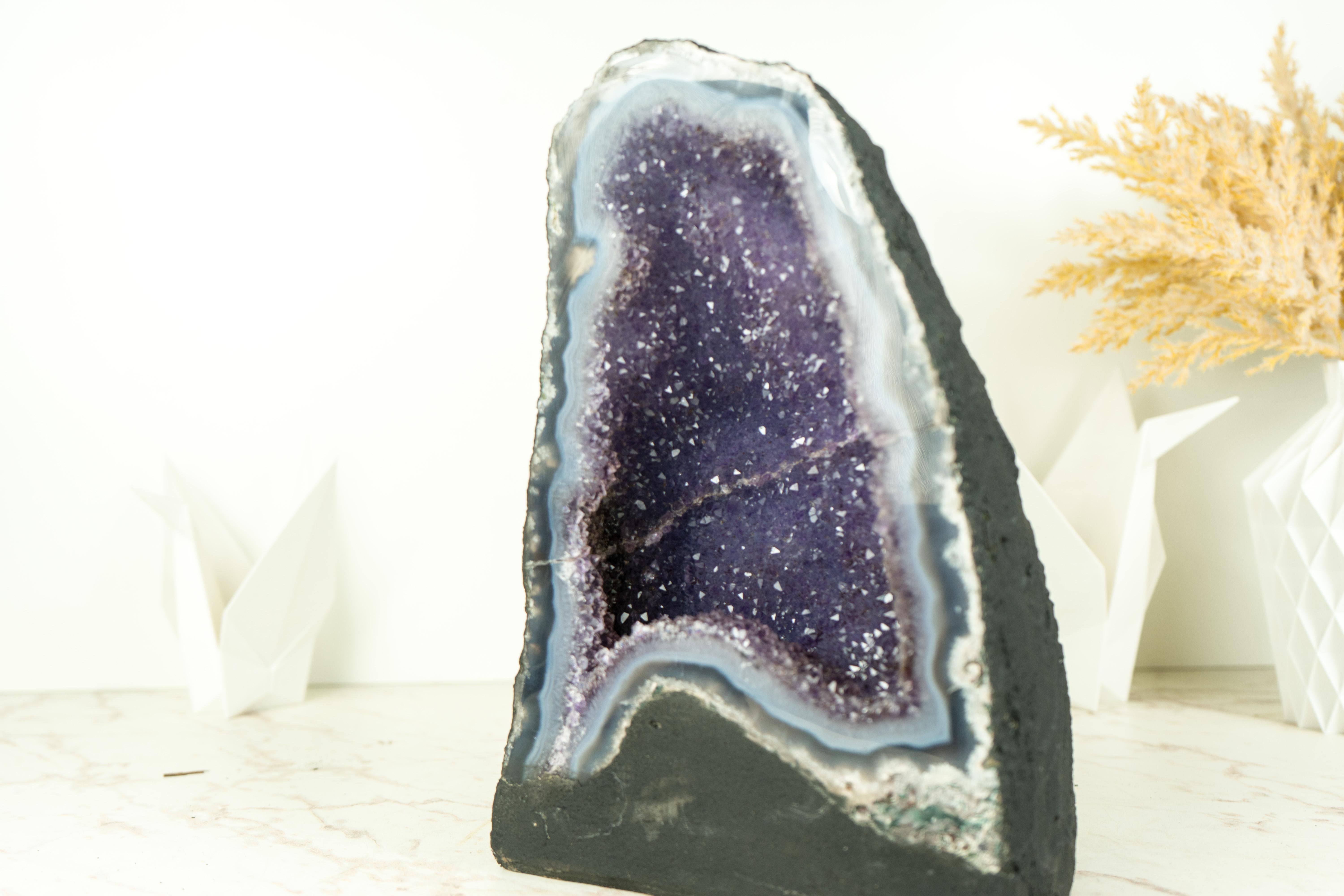 Blue Lace Agate Geode with Galaxy Lavender Amethyst Druzy For Sale 1