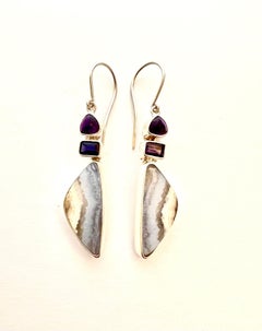 Sterling Silver Earrings with Blue Lace Agate, Iolite and Amethyst