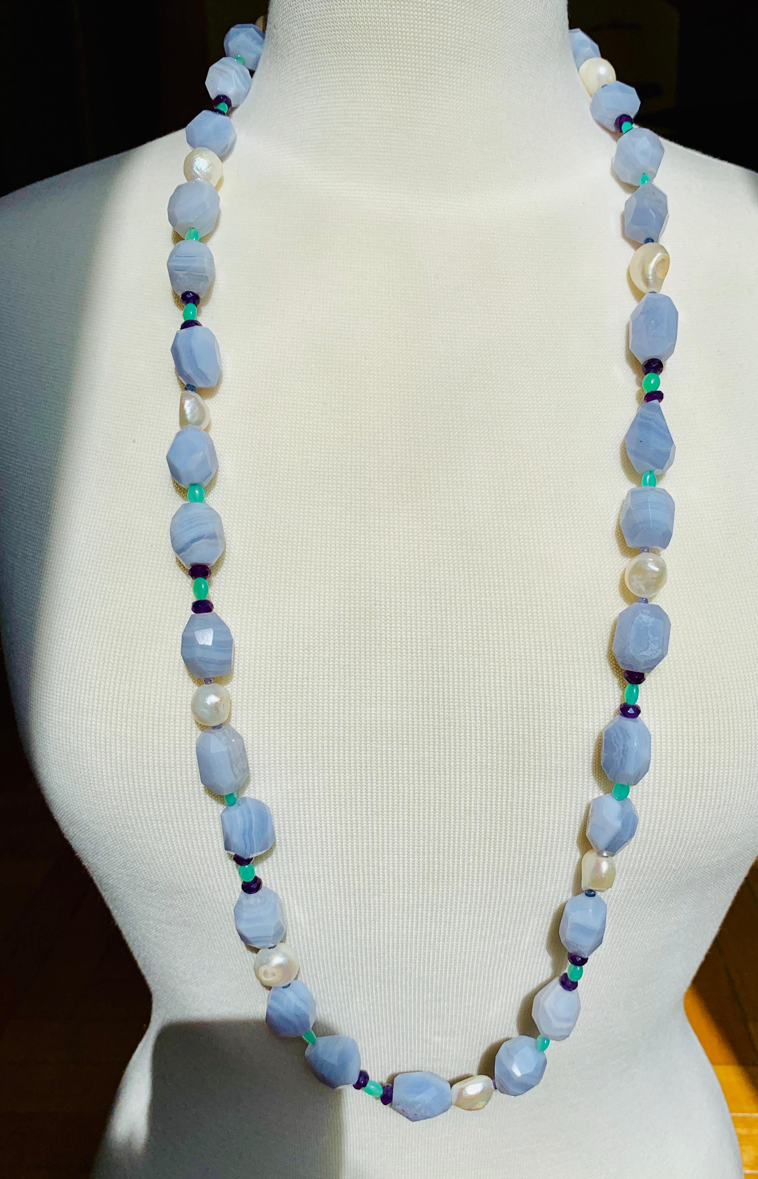 Blue Lace Agate Necklace with Chrysoprase and Amethyst For Sale at 1stDibs