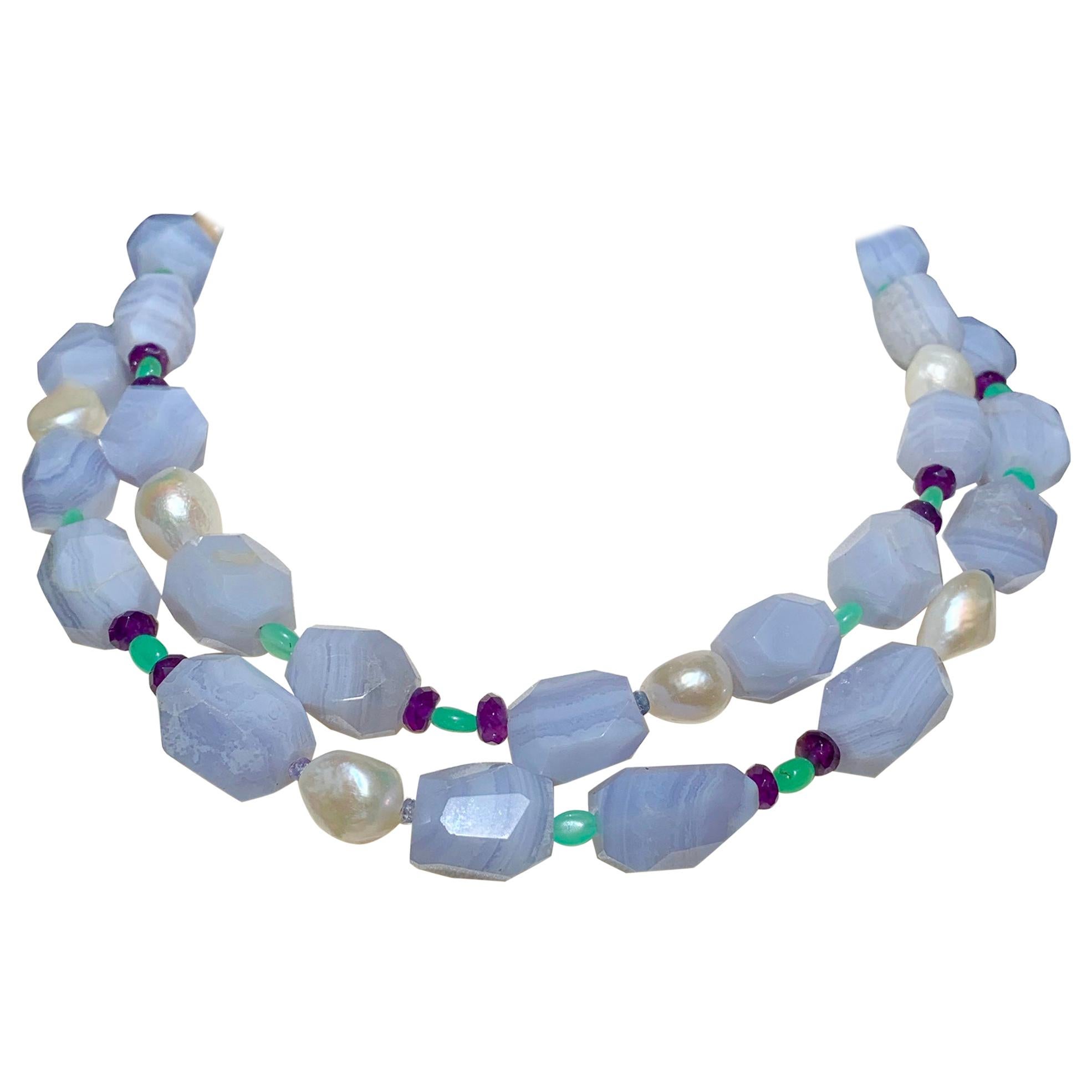  36" Blue Lace Agate Necklace/Blue Chalcedony with Chrysoprase and Amethyst