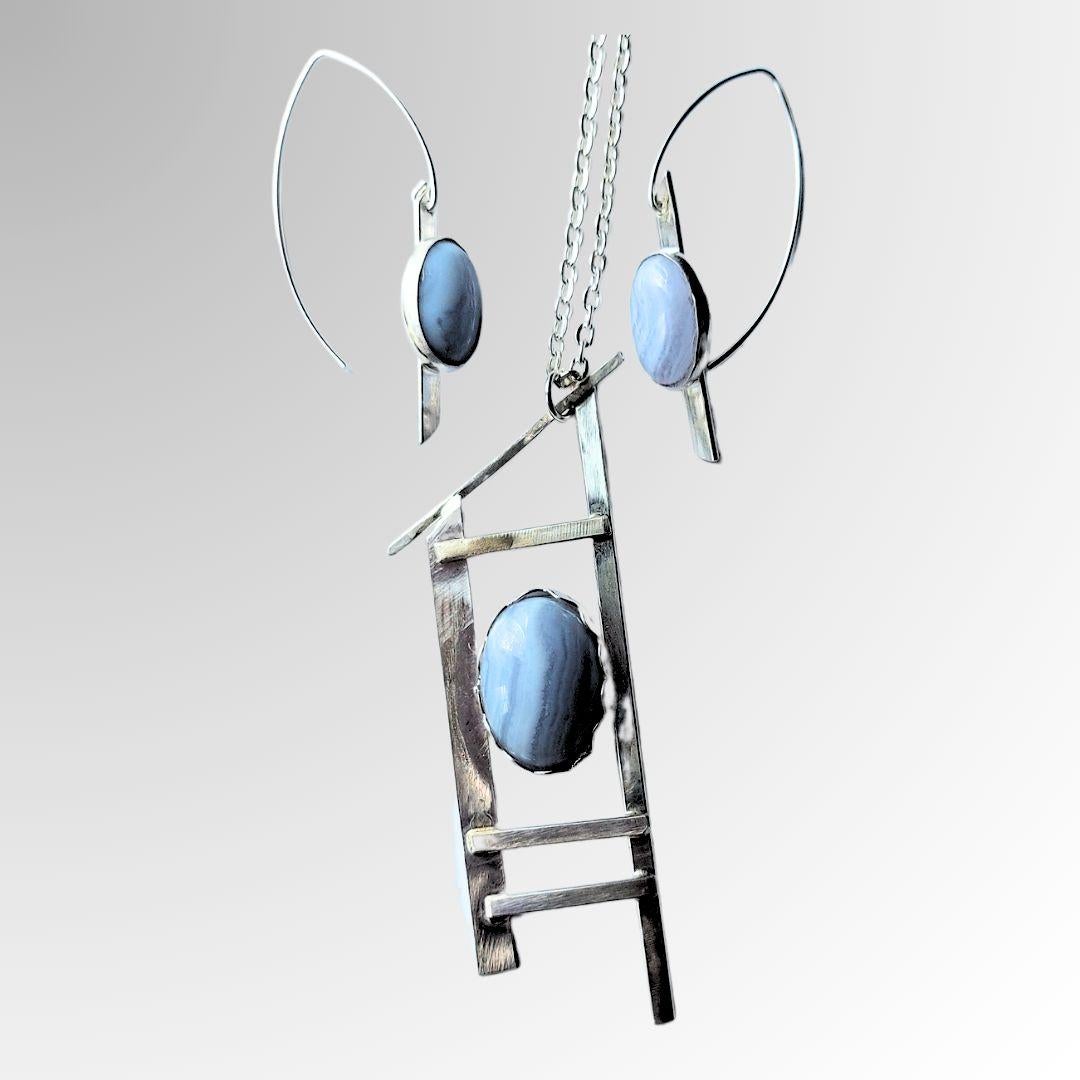 Cabochon Blue Lace Agate Pendant and Earrings