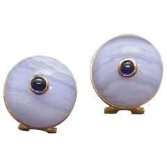 Blue Lace Agate Round Cab Blue Sapphire Cab 14 Karat Gold Clip-On Earrings