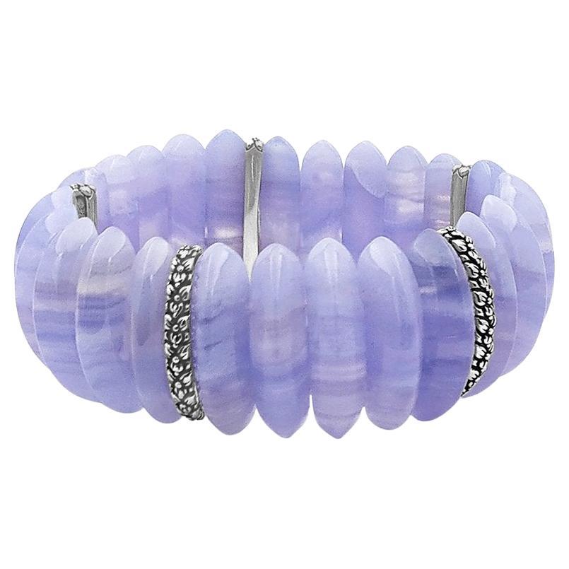 Blue Lace Agate Stretch Bracelet with Sterling Silver Spacers