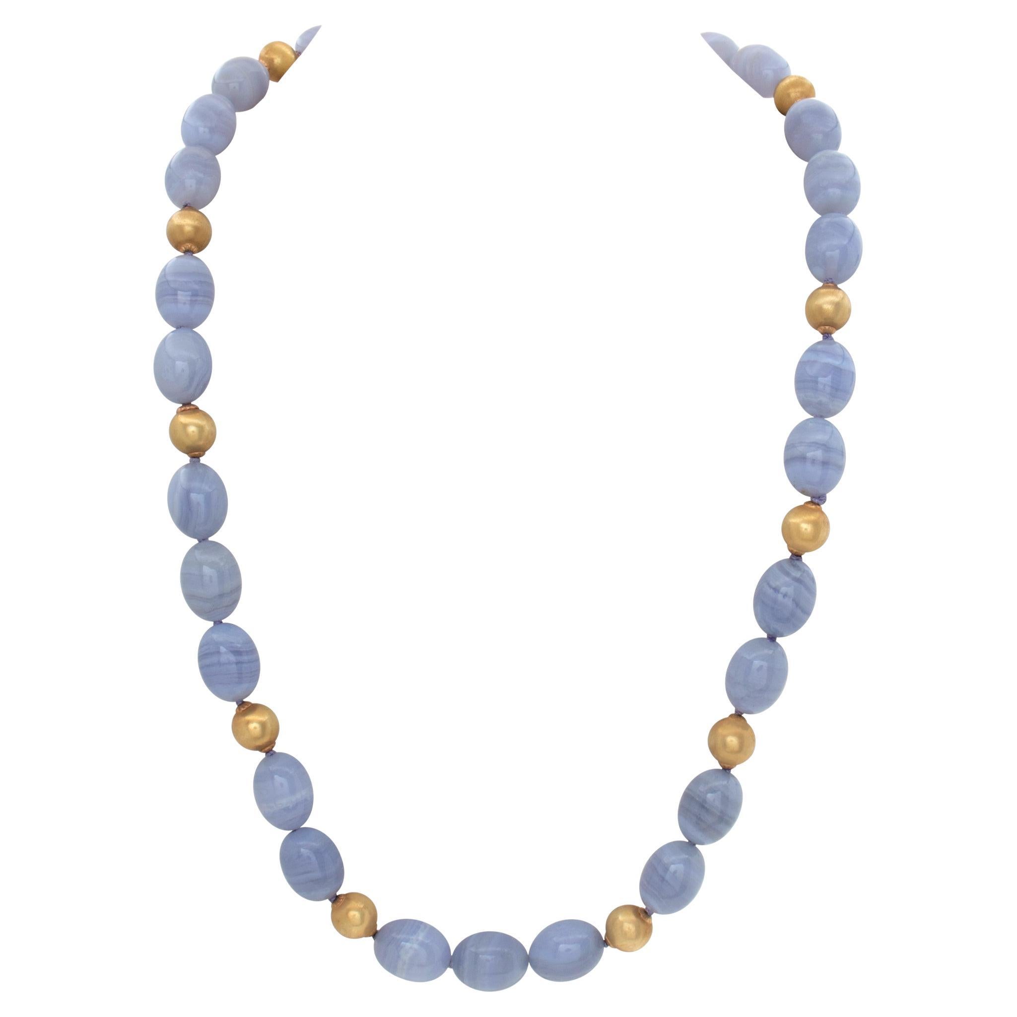 Blue lace chalcedony necklace with 18k gold beads For Sale