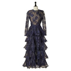 Robe de soirée en dentelle bleue à volants Scaasi