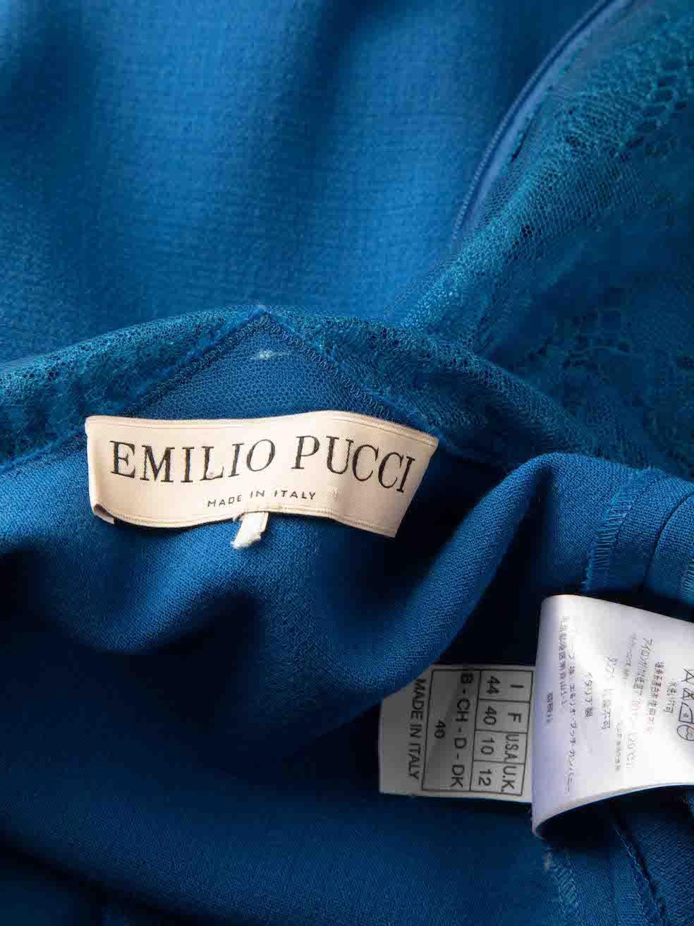 Emilio Pucci Blaues Minikleid mit Spitzeneinsatz und Kapuzenärmeln Größe L Damen im Angebot