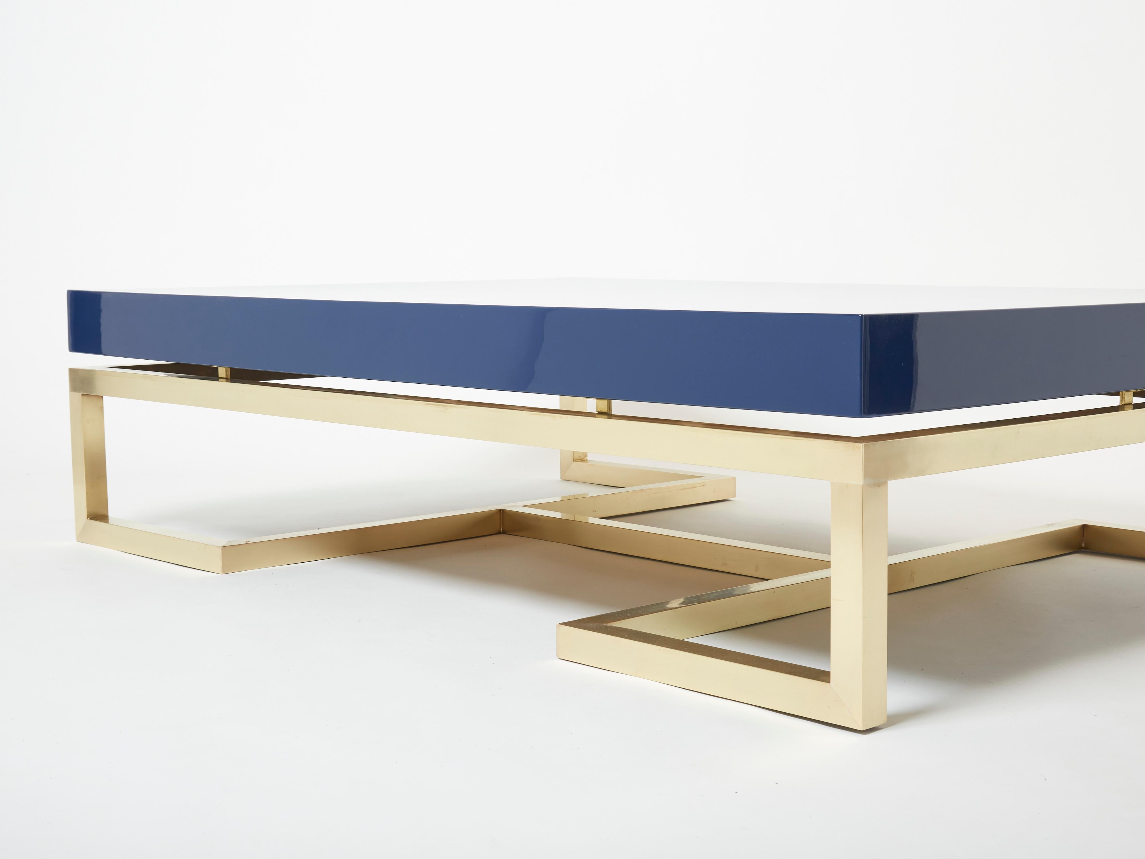 French Blue Lacquer Brass Large Coffee Table Guy Lefevre Maison Jansen, 1970s For Sale
