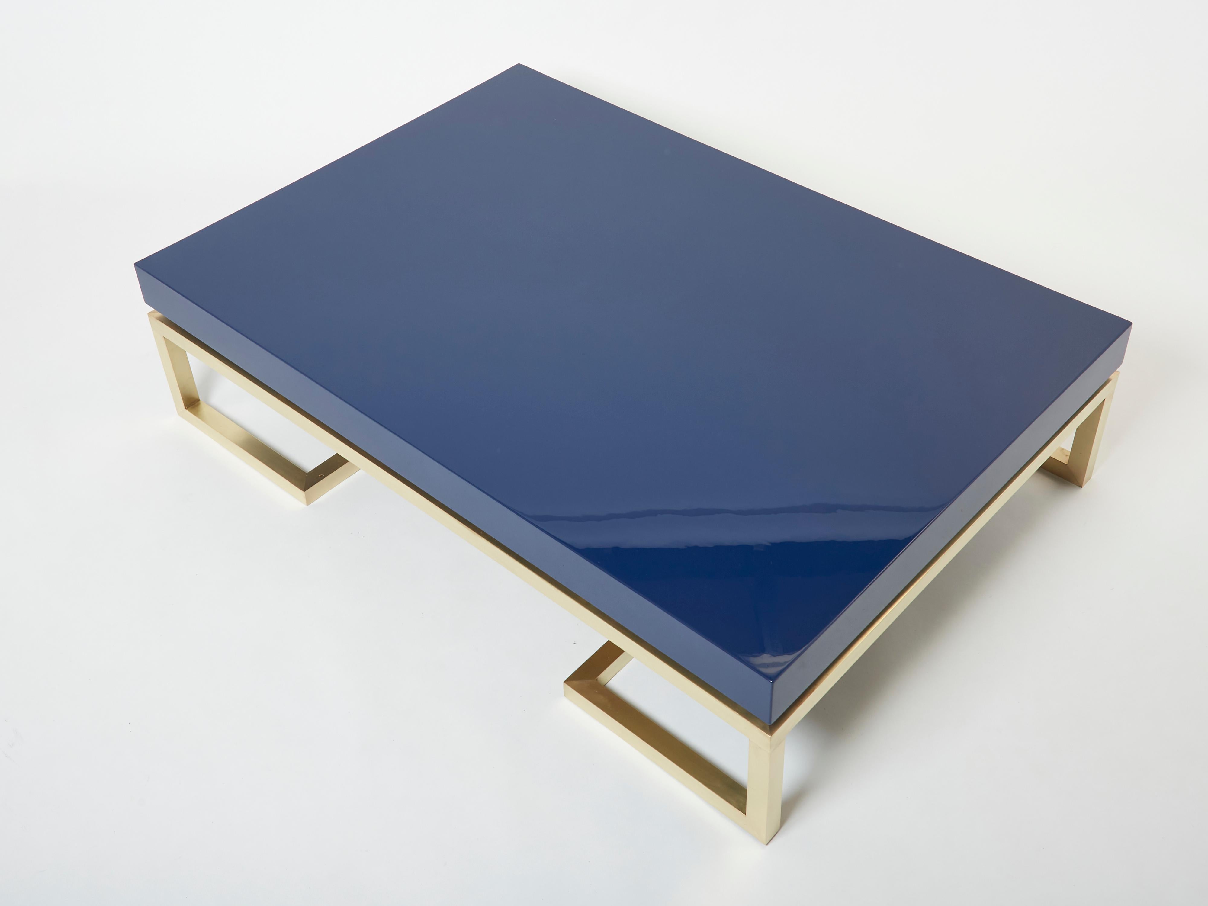 Lacquered Blue Lacquer Brass Large Coffee Table Guy Lefevre Maison Jansen, 1970s For Sale