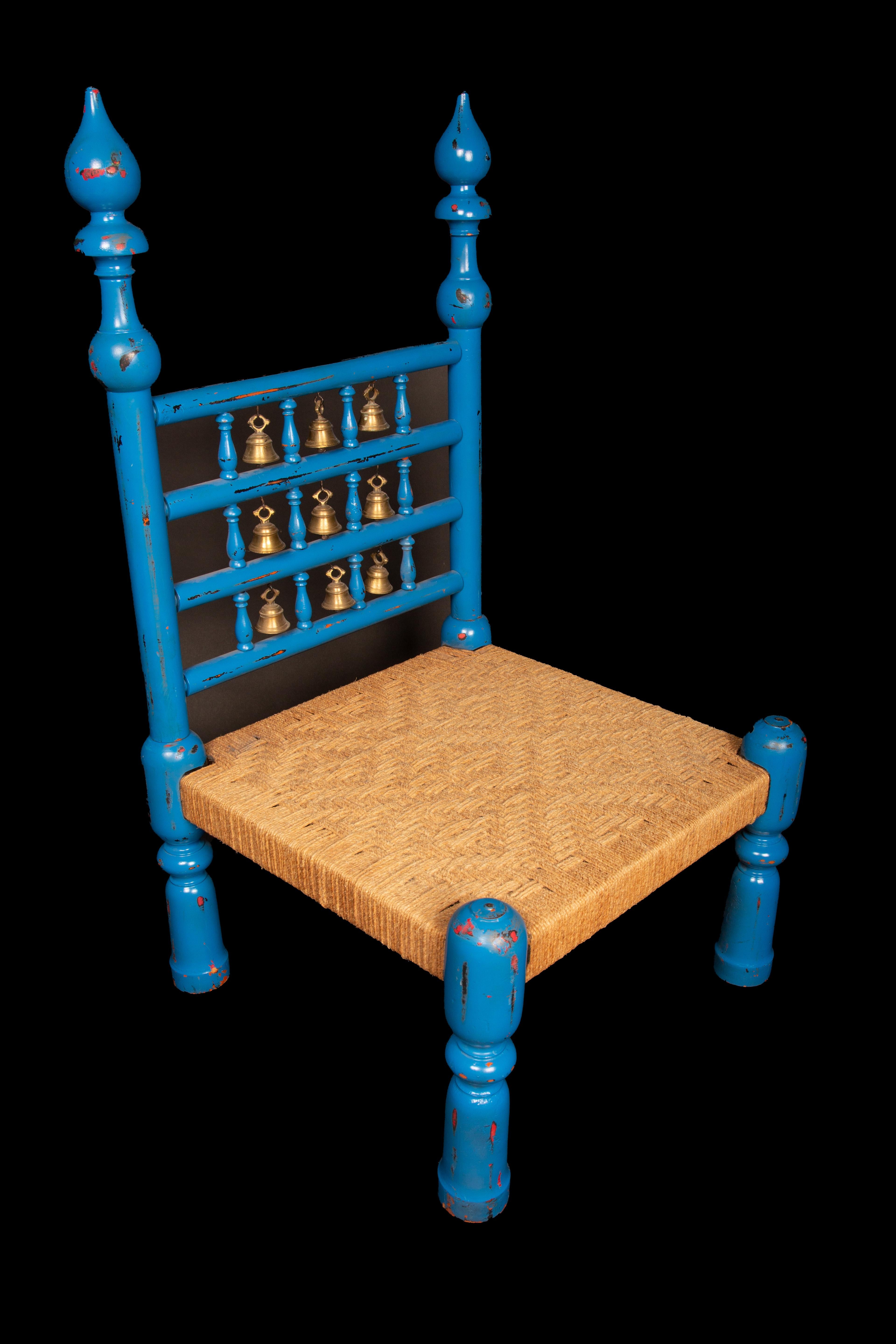 Blue Lacquer Painted Indian Chair with Bells In Good Condition For Sale In New York, NY