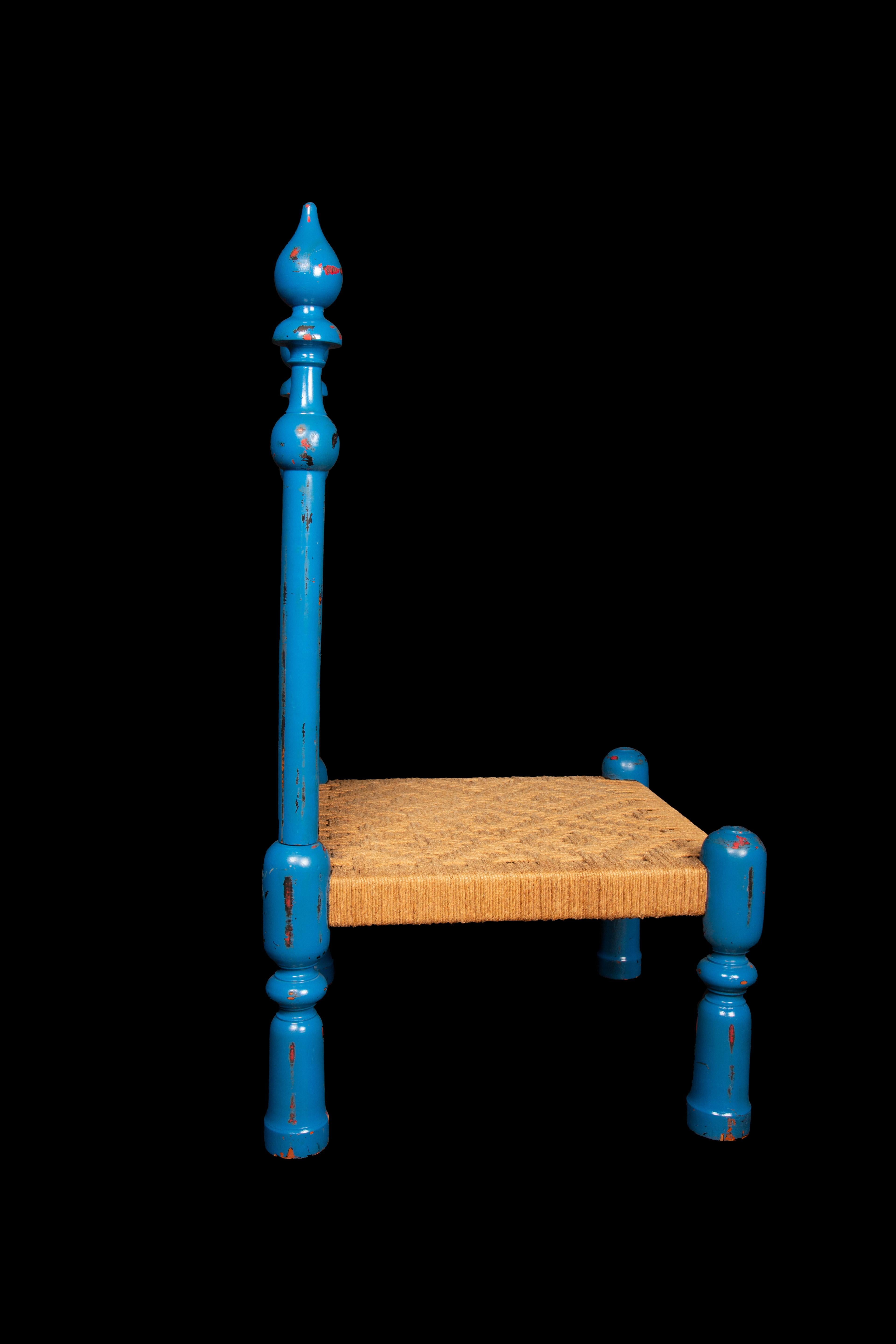 Bronze Blue Lacquer Painted Indian Chair with Bells For Sale