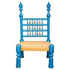 Vintage Blue Lacquer Painted Indian Chair with Bells
