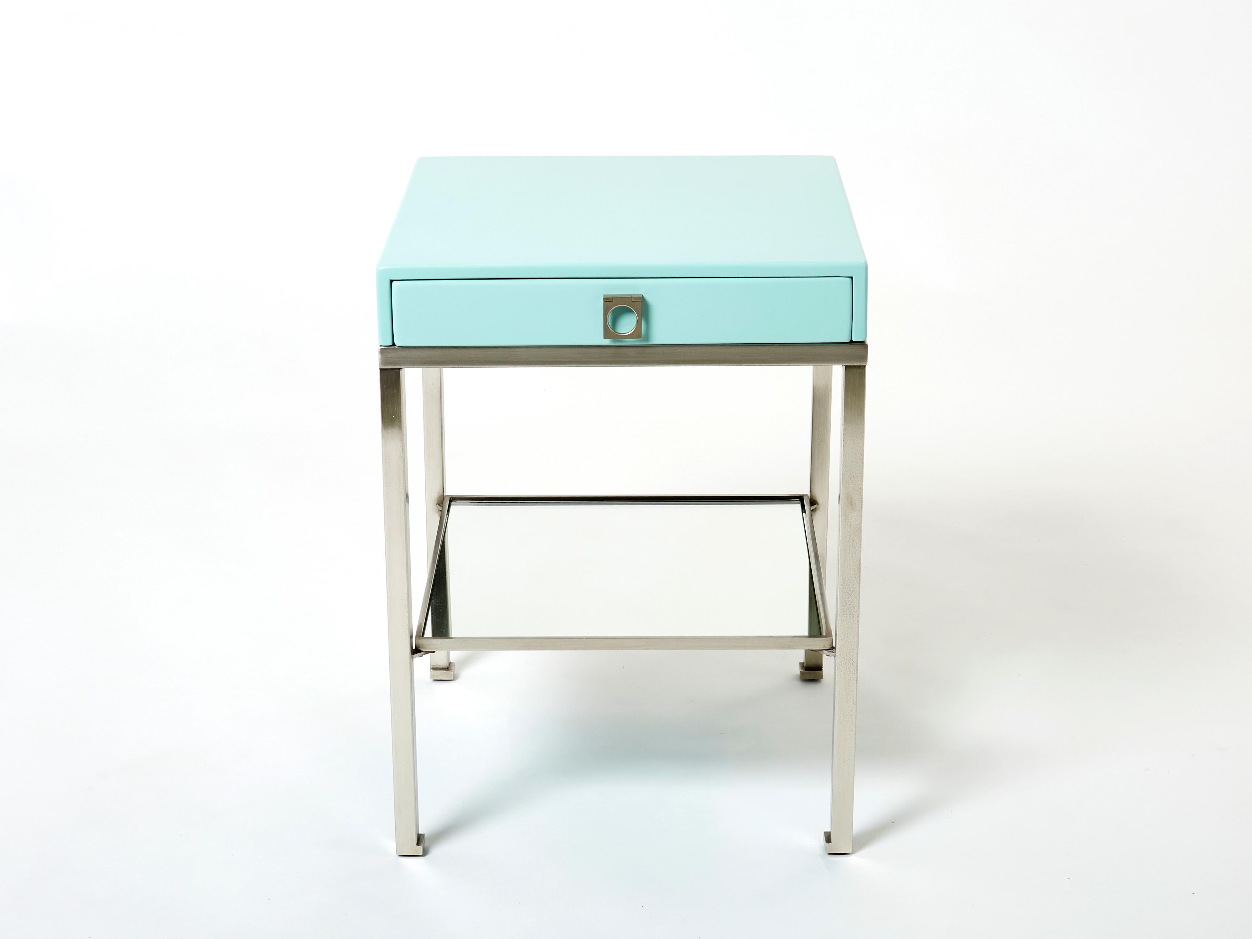 Blue Lacquer Steel End Tables Nightstands Guy Lefevre Maison Jansen, 1970s 5