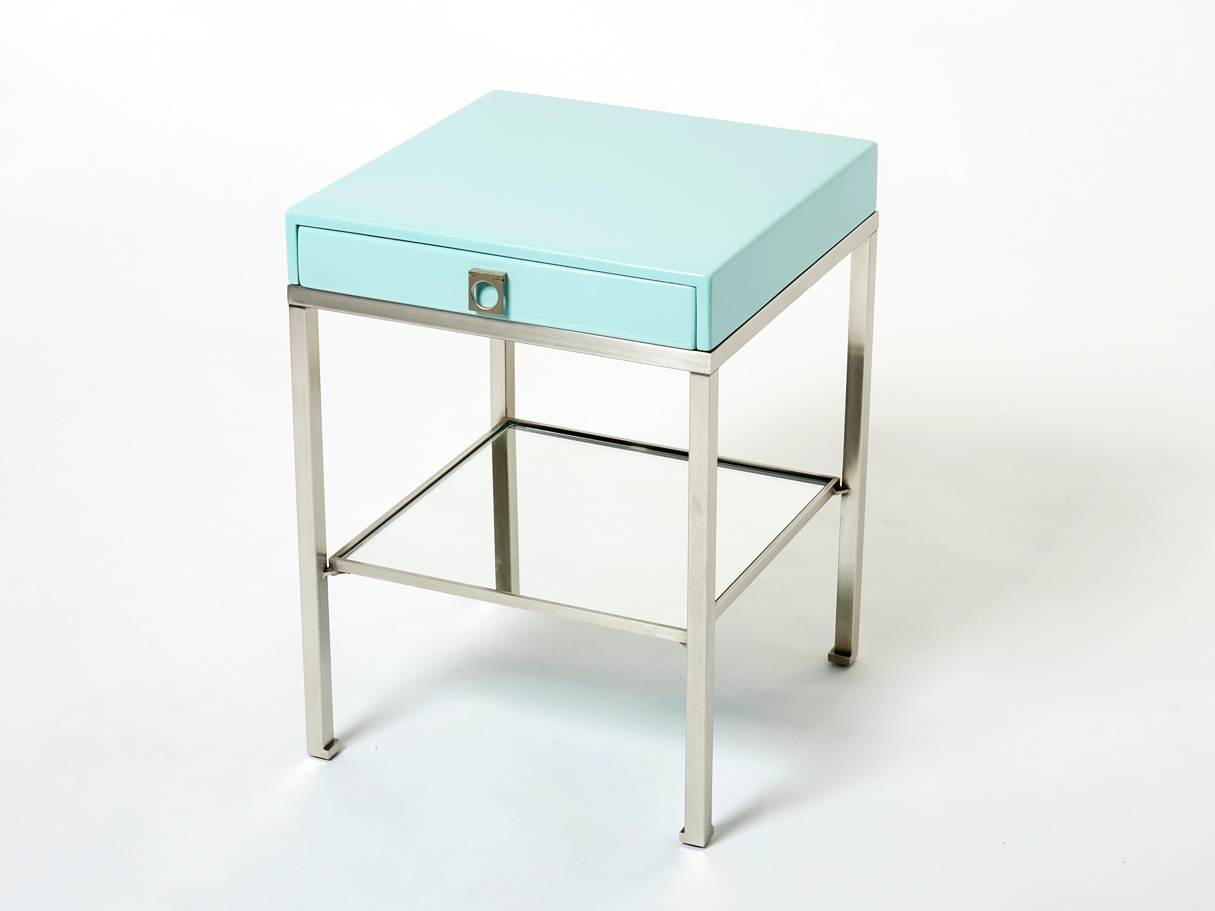 Blue Lacquer Steel End Tables Nightstands Guy Lefevre Maison Jansen, 1970s 7