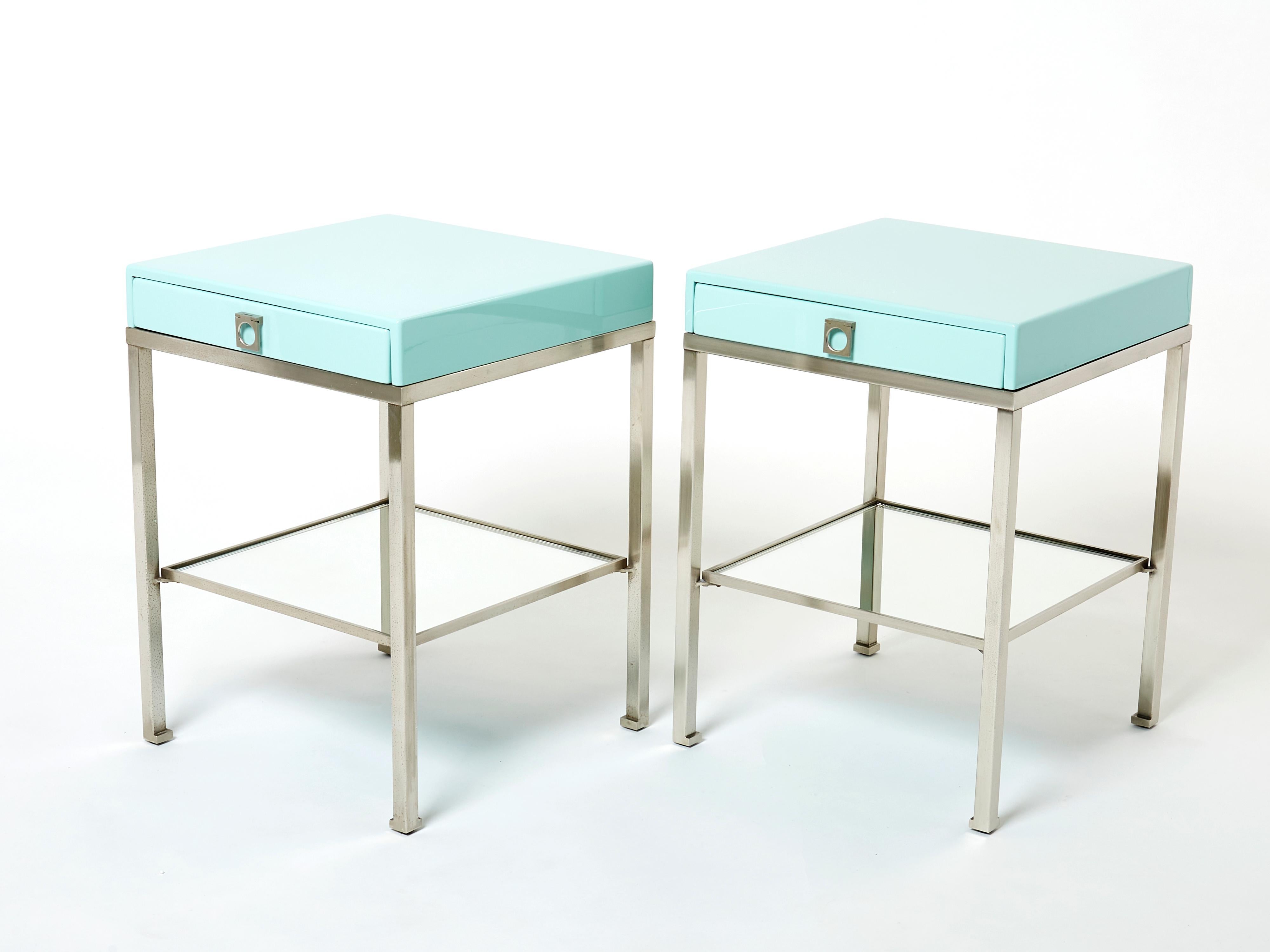 French Blue Lacquer Steel End Tables Nightstands Guy Lefevre Maison Jansen, 1970s