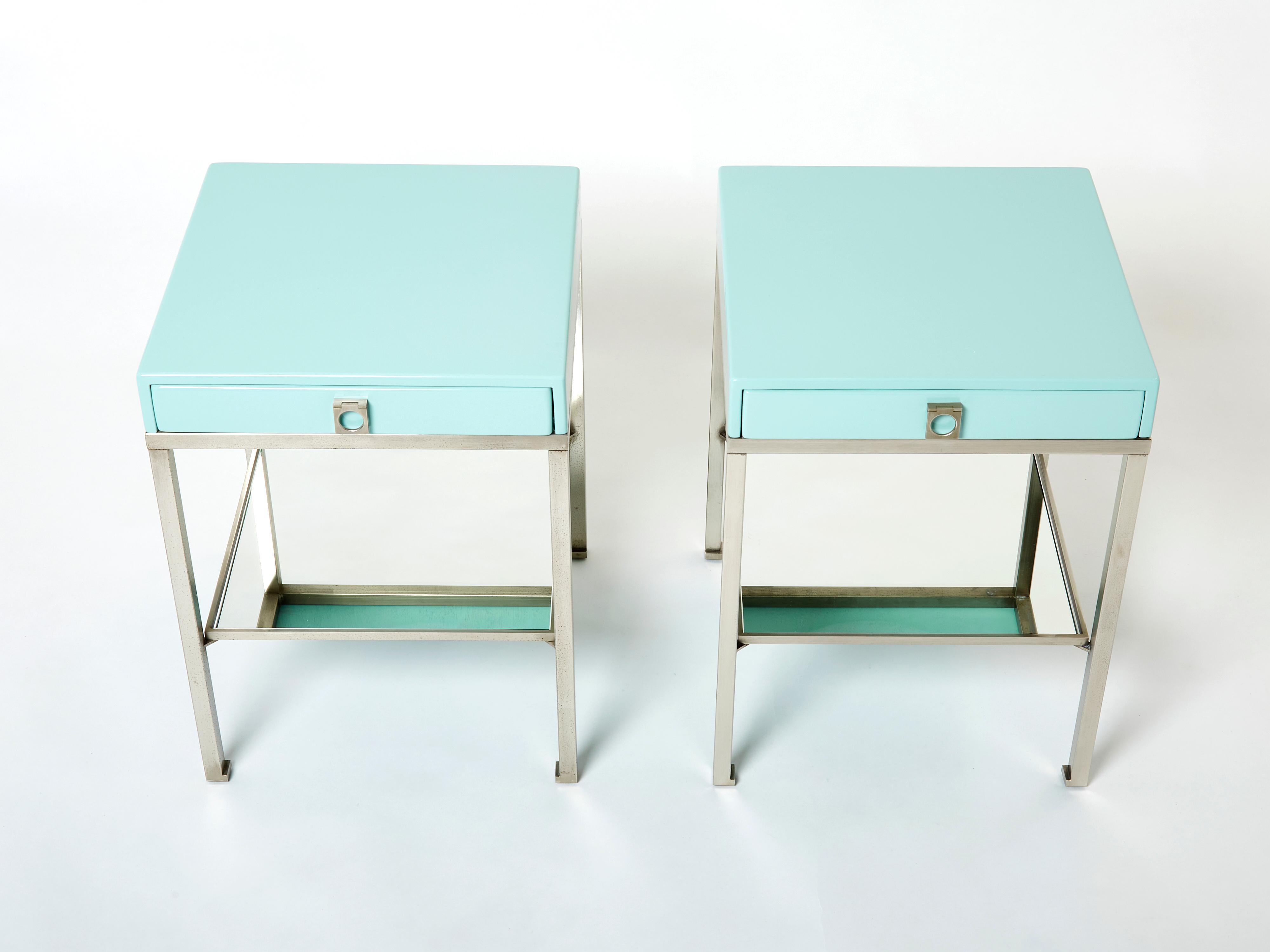 Blue Lacquer Steel End Tables Nightstands Guy Lefevre Maison Jansen, 1970s In Good Condition In Paris, IDF