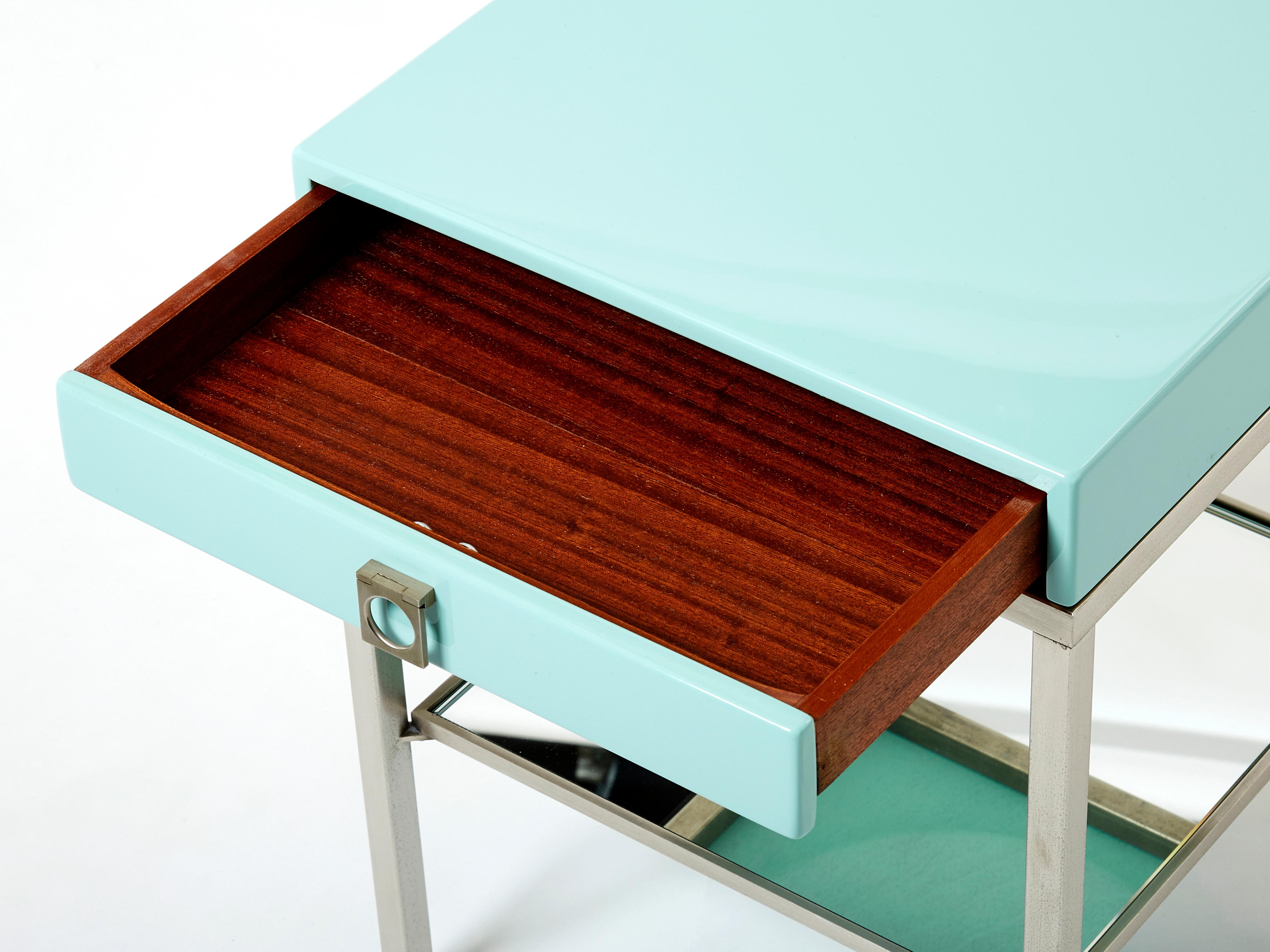 Late 20th Century Blue Lacquer Steel End Tables Nightstands Guy Lefevre Maison Jansen, 1970s