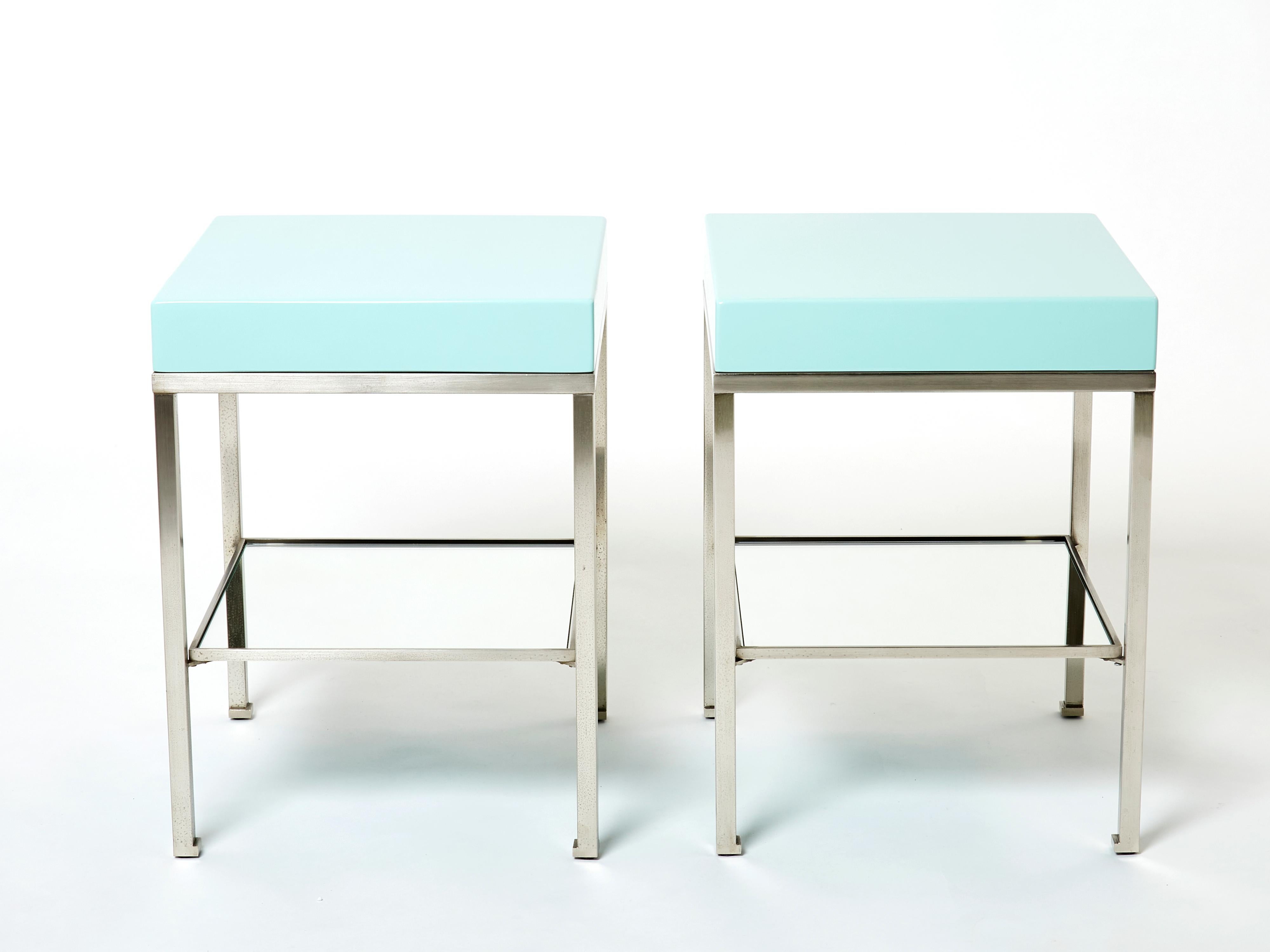 Blue Lacquer Steel End Tables Nightstands Guy Lefevre Maison Jansen, 1970s 2