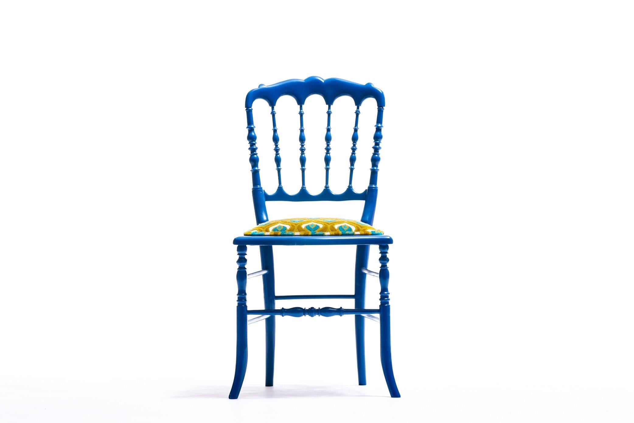 Blue Lacquered Chiavari Side Chair with Peacock Feathers in Cut Velvet For Sale 9