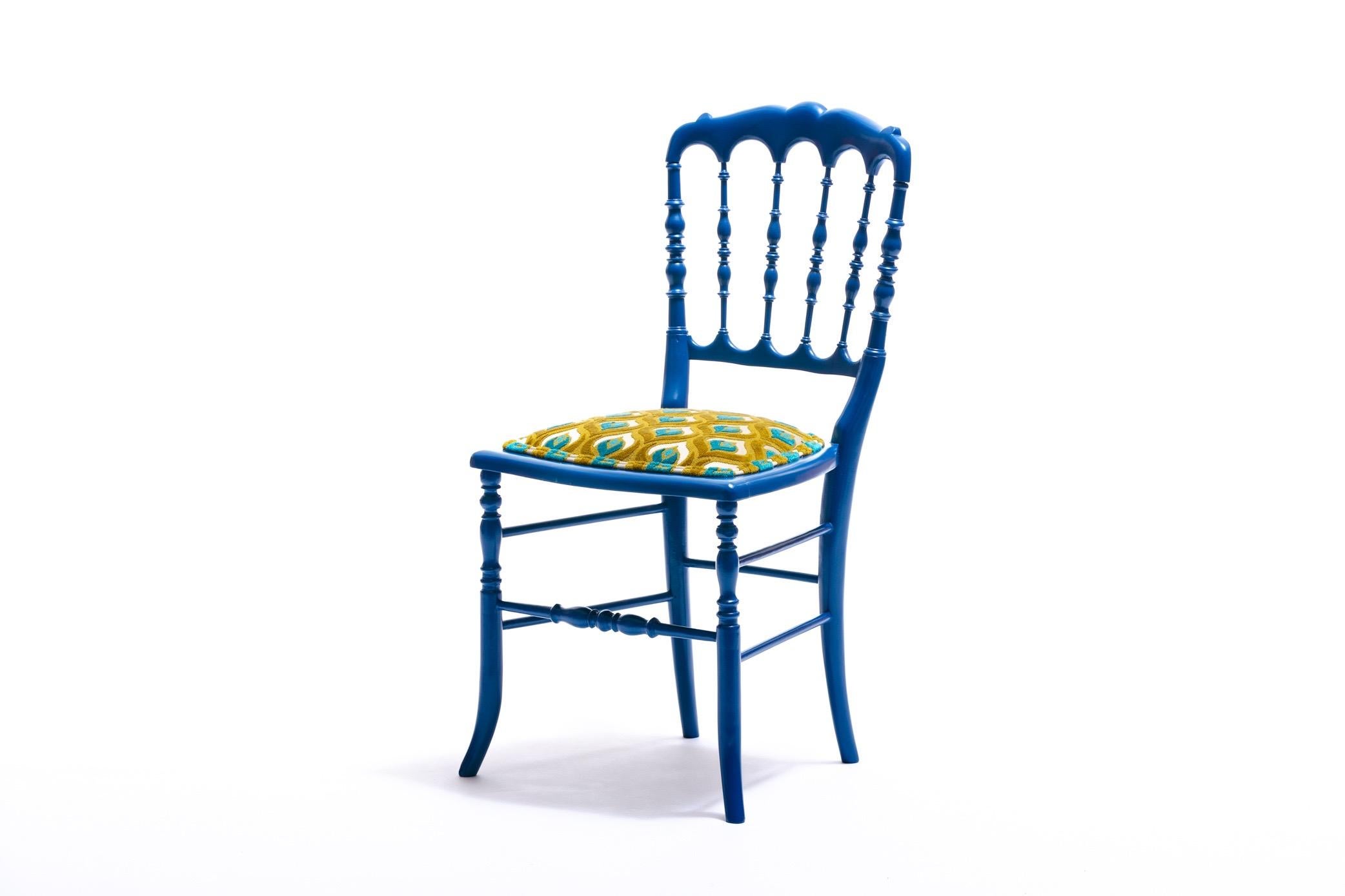 Grab it before it's gone! Sculptural, luxurious, joyous and chic, circa 1960. Our one-of-a-kind Chiavari chair was professionally lacquered in the most perfect hue of blue and its seat expertly reupholstered in a rich cut velvet fabric that features