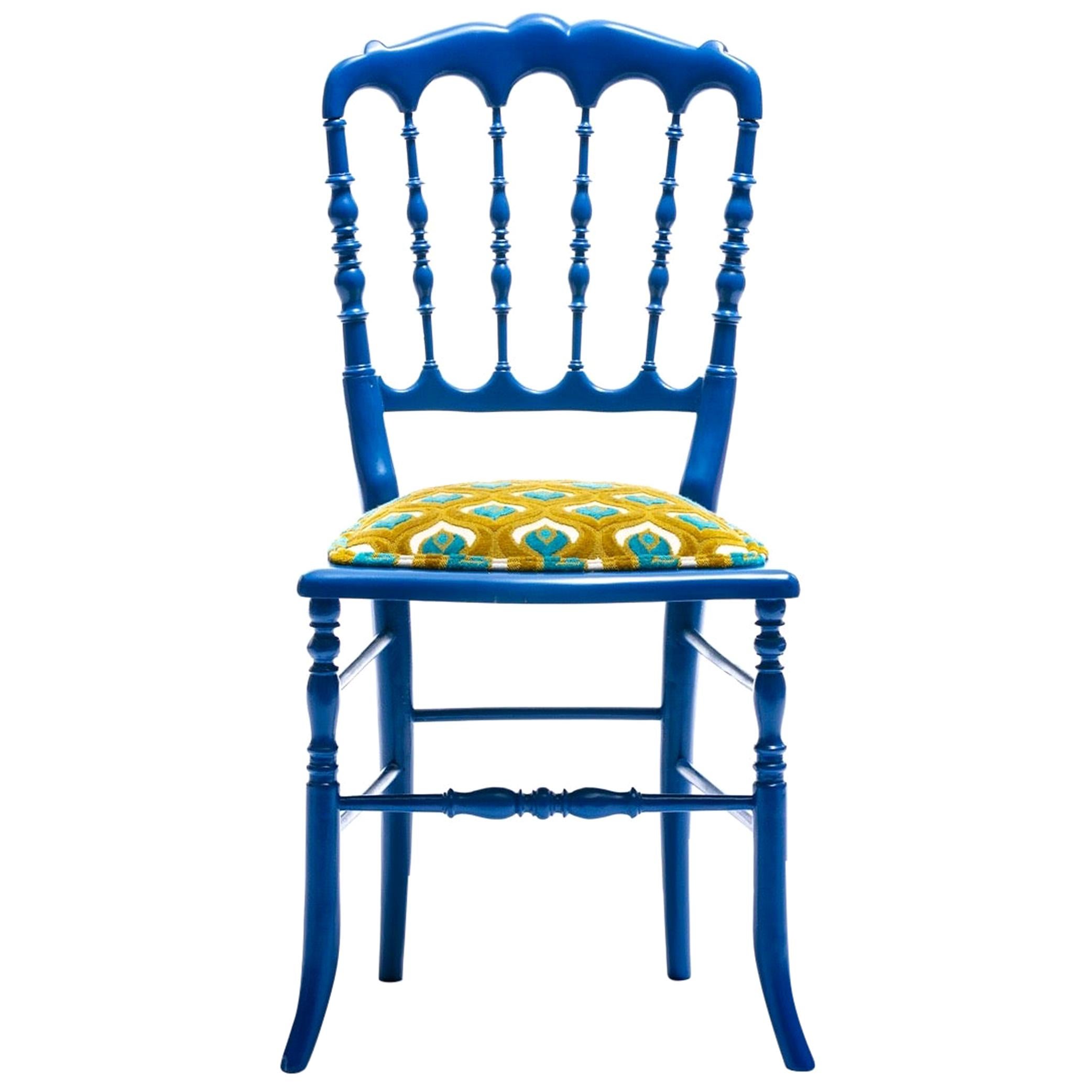 Blue Lacquered Chiavari Side Chair with Peacock Feathers in Cut Velvet