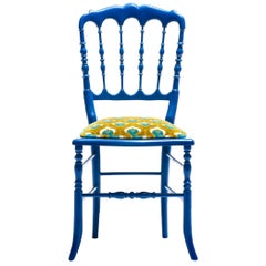 Vintage Blue Lacquered Chiavari Side Chair with Peacock Feathers in Cut Velvet