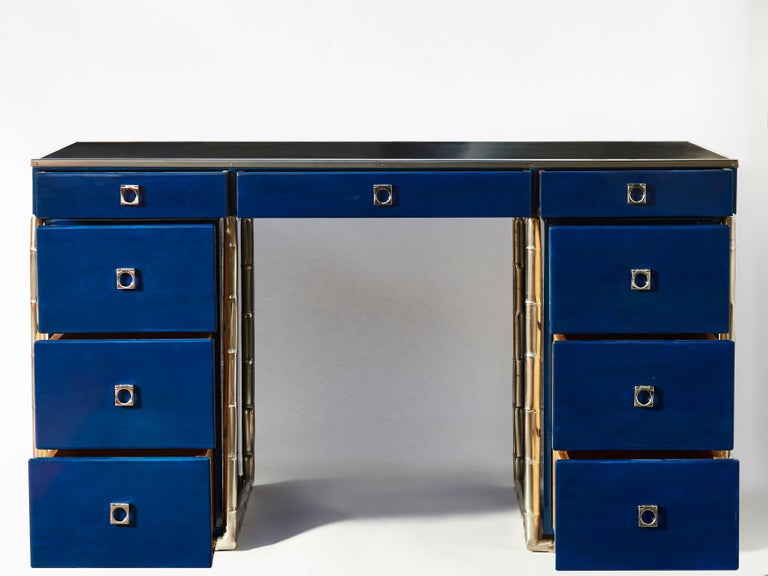 Mid-Century Modern Blue Lacquered Guy Lefevre Desk with Bamboo Motifs Legs and Leather Top For Sale