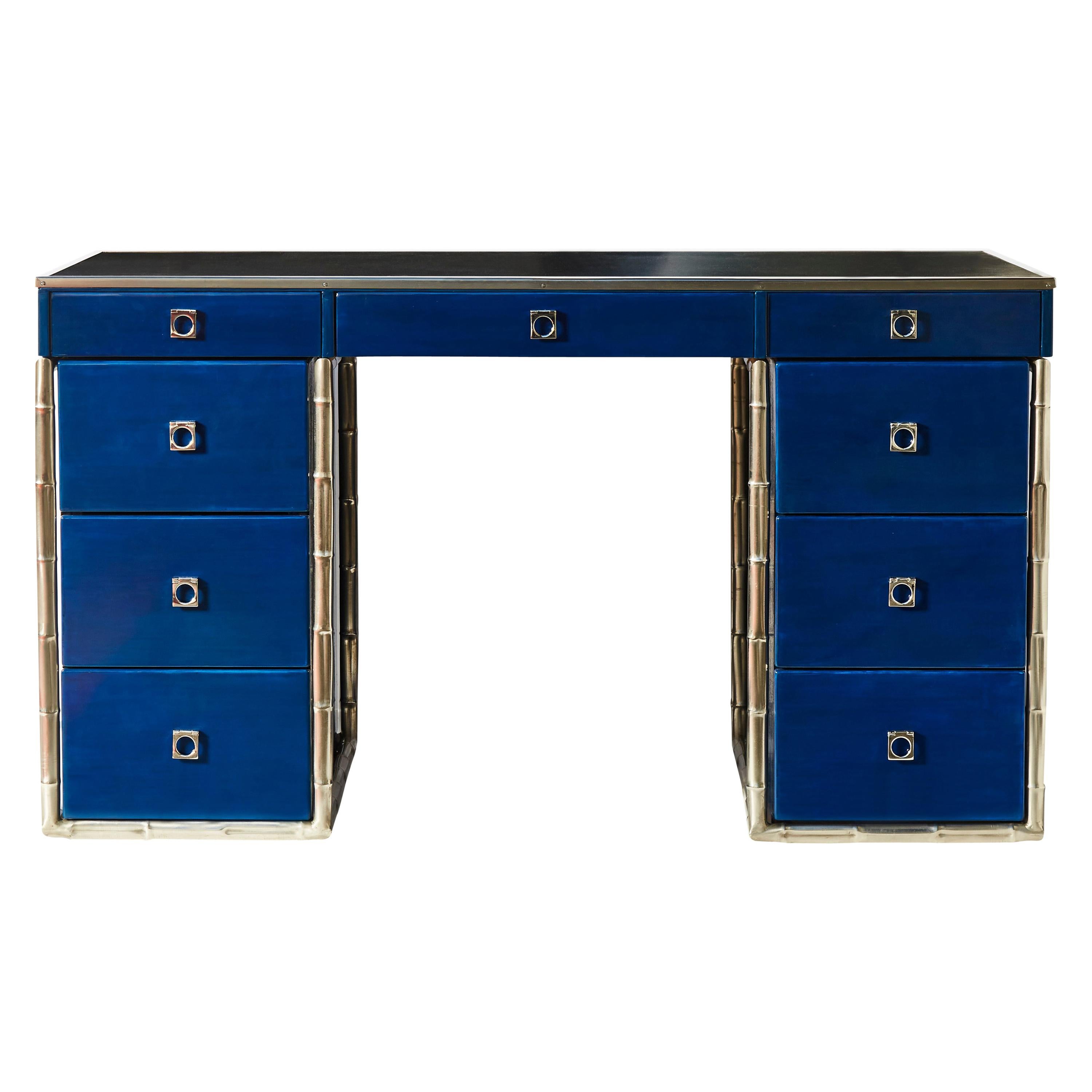 Blue Lacquered Guy Lefevre Desk with Bamboo Motifs Legs and Leather Top