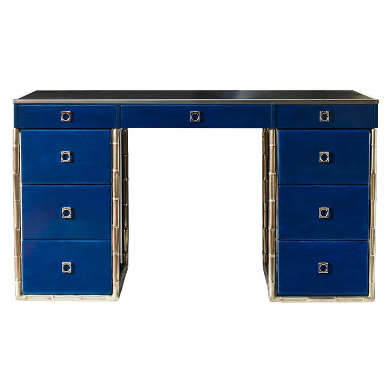 Blue Lacquered Guy Lefevre Desk with Bamboo Motifs Legs and Leather Top For Sale