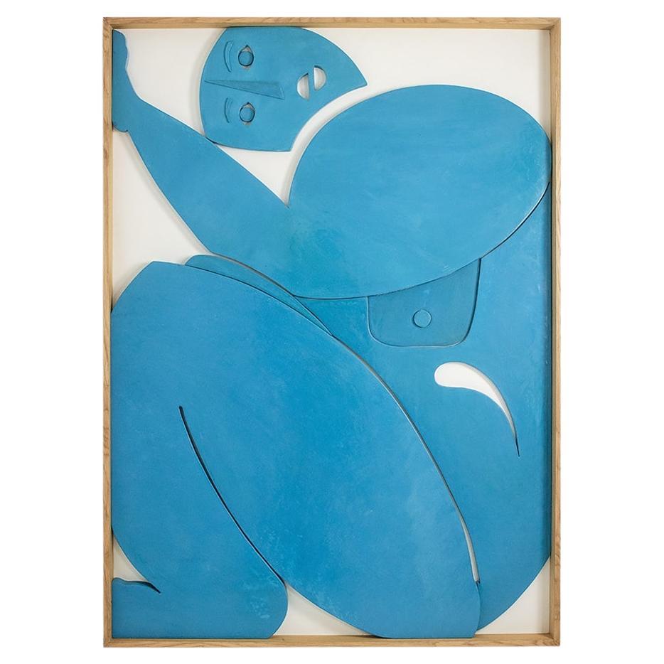 Blue lacquered wood bas-relief. Contemporary work by a French artist.