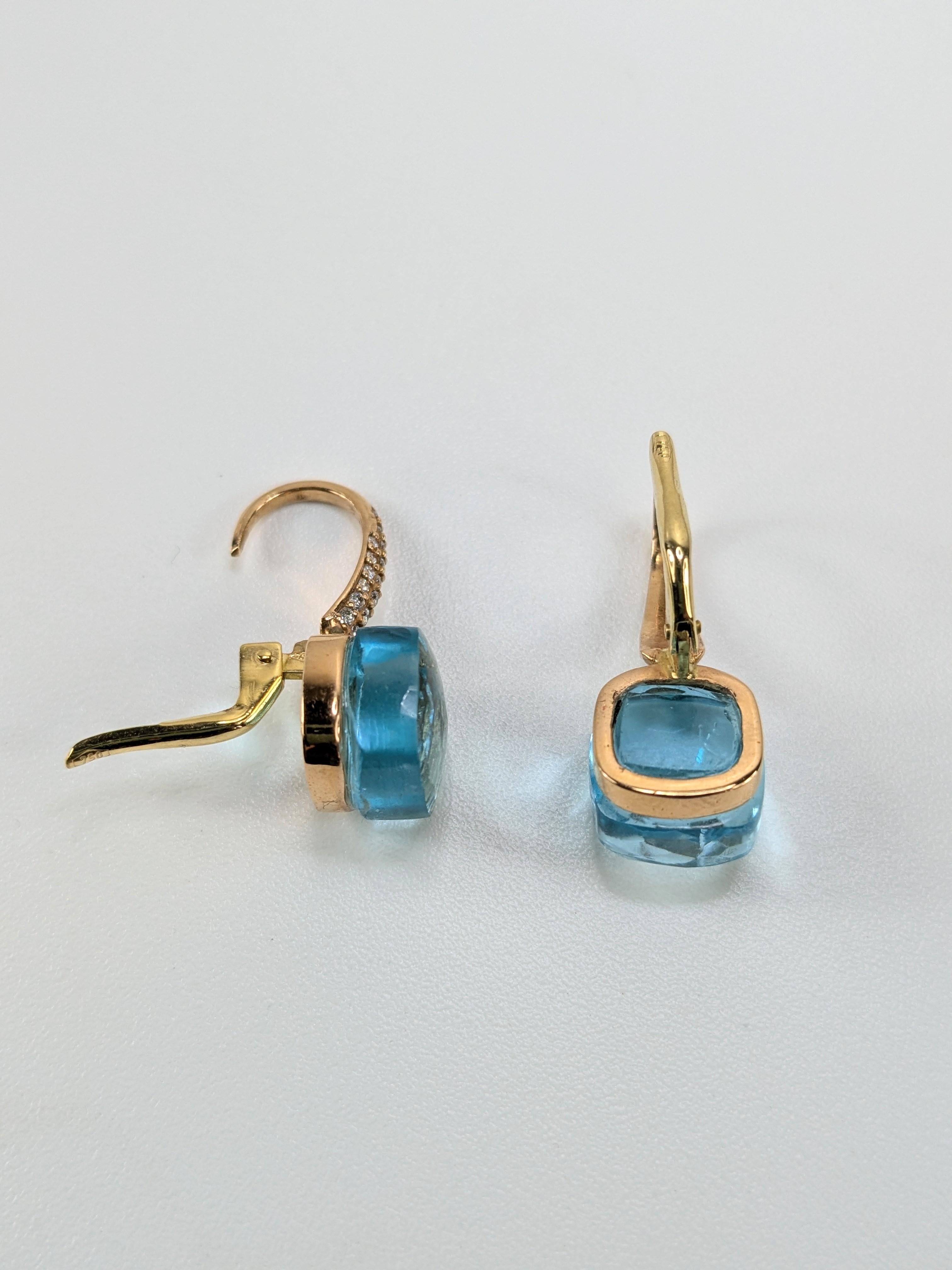 Donna Orecchini pendenti in oro 18k sfaccettati con pavé di diamanti di Topazio Blu Lago in vendita